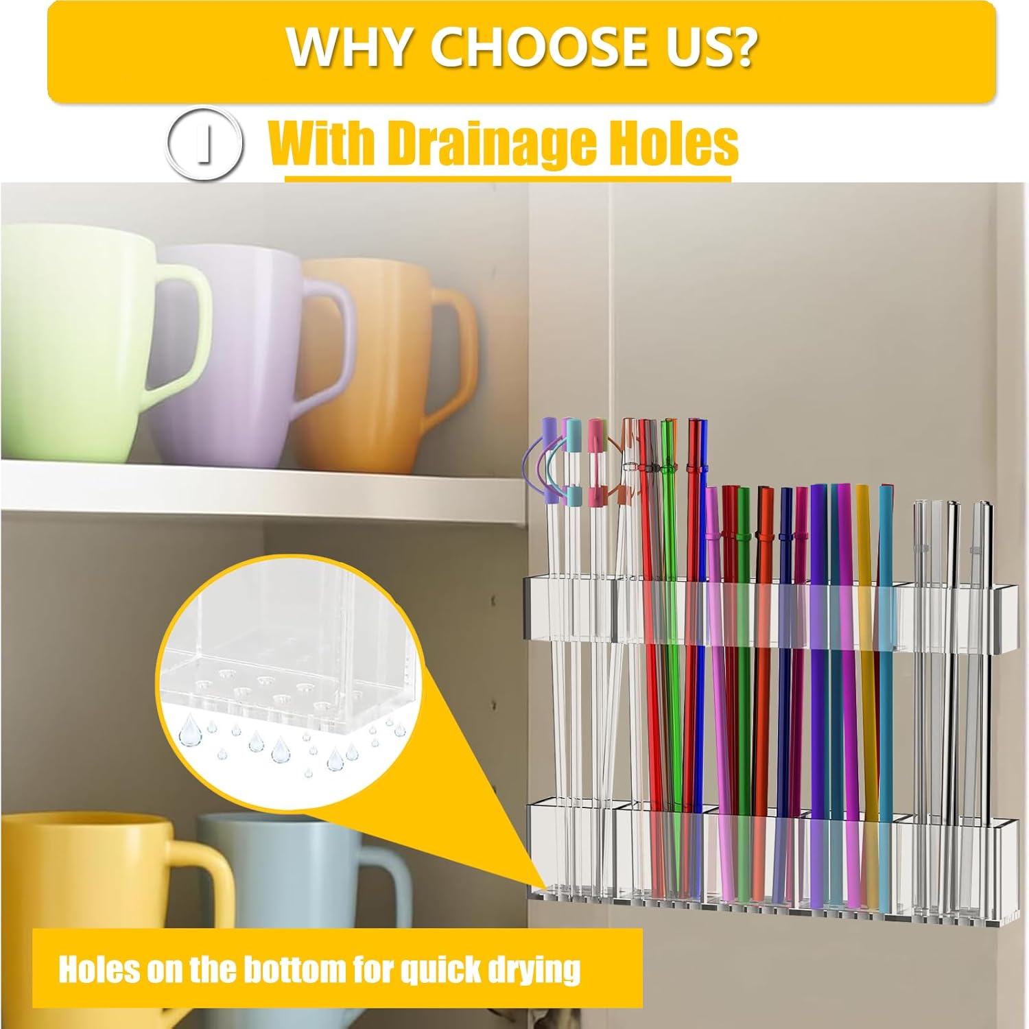 upgraded 9.5”large acrylic straw holder with drainage holes for cabinet door - reusable tumbler straw organizer storage rack for counter cupboard door mounted,space saving kitchen accessories 9.5 inch
