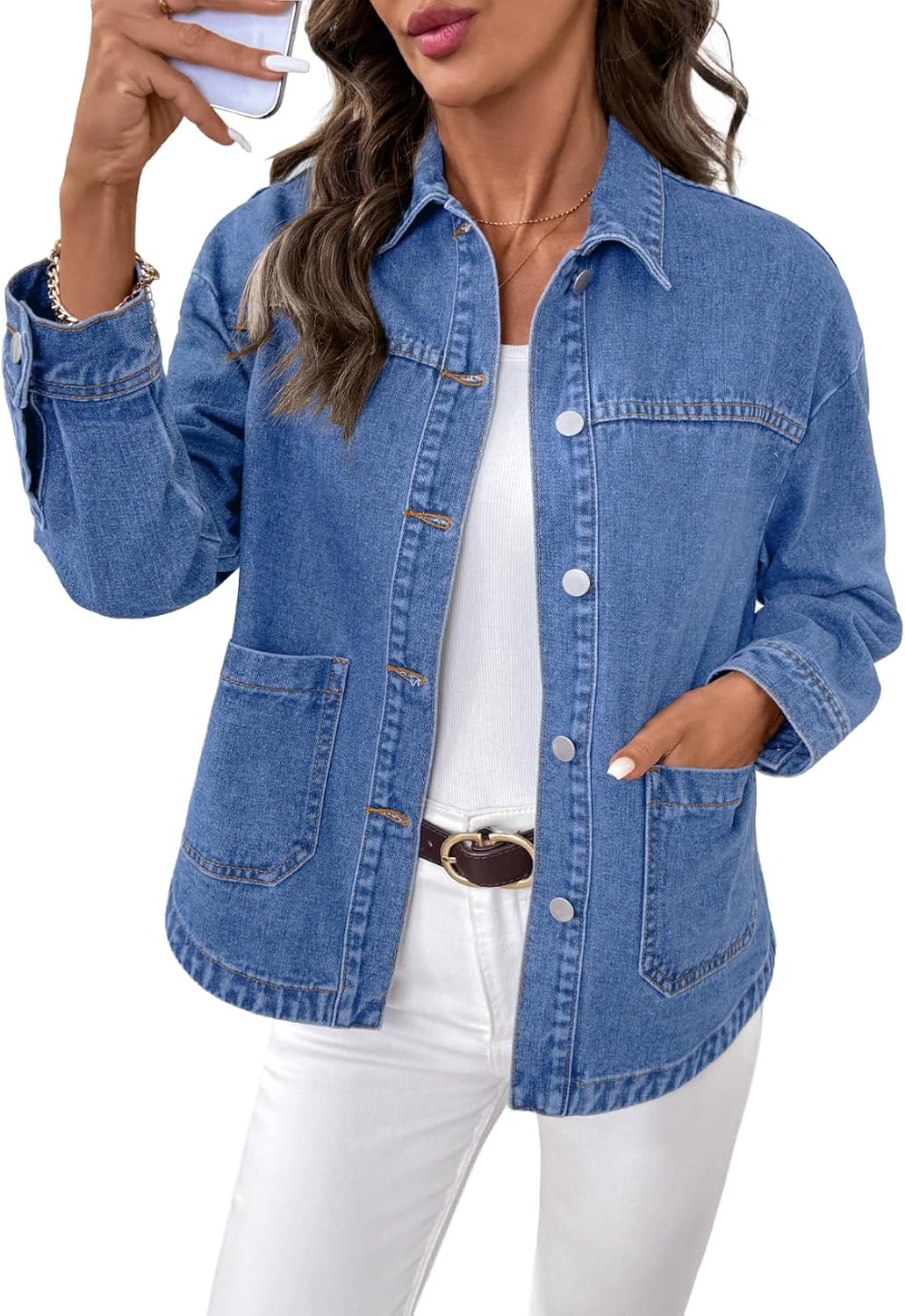 Sidefeel Women‘s Jean Jacket Casual Long Sleeve Button Down Oversized Boyfriend Trendy Denim Jacket Coat