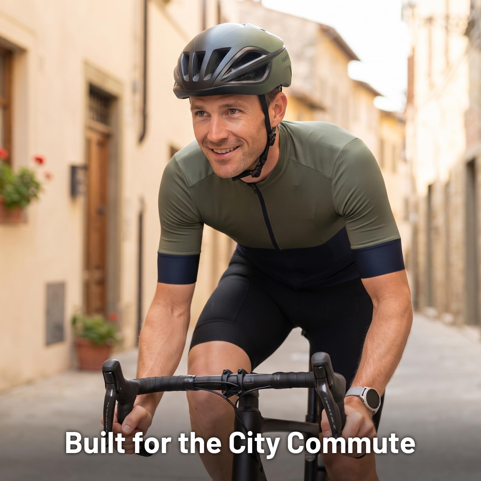 Favoto Kask rowerowy, kask miejski, lekki, stabilny i regulowany, z materiału EPS z 15 otworami wentylacyjnymi, wyściółka wewnętrzna, zdejmowana, matowa, zielona, rozmiar L (59-61 cm)
