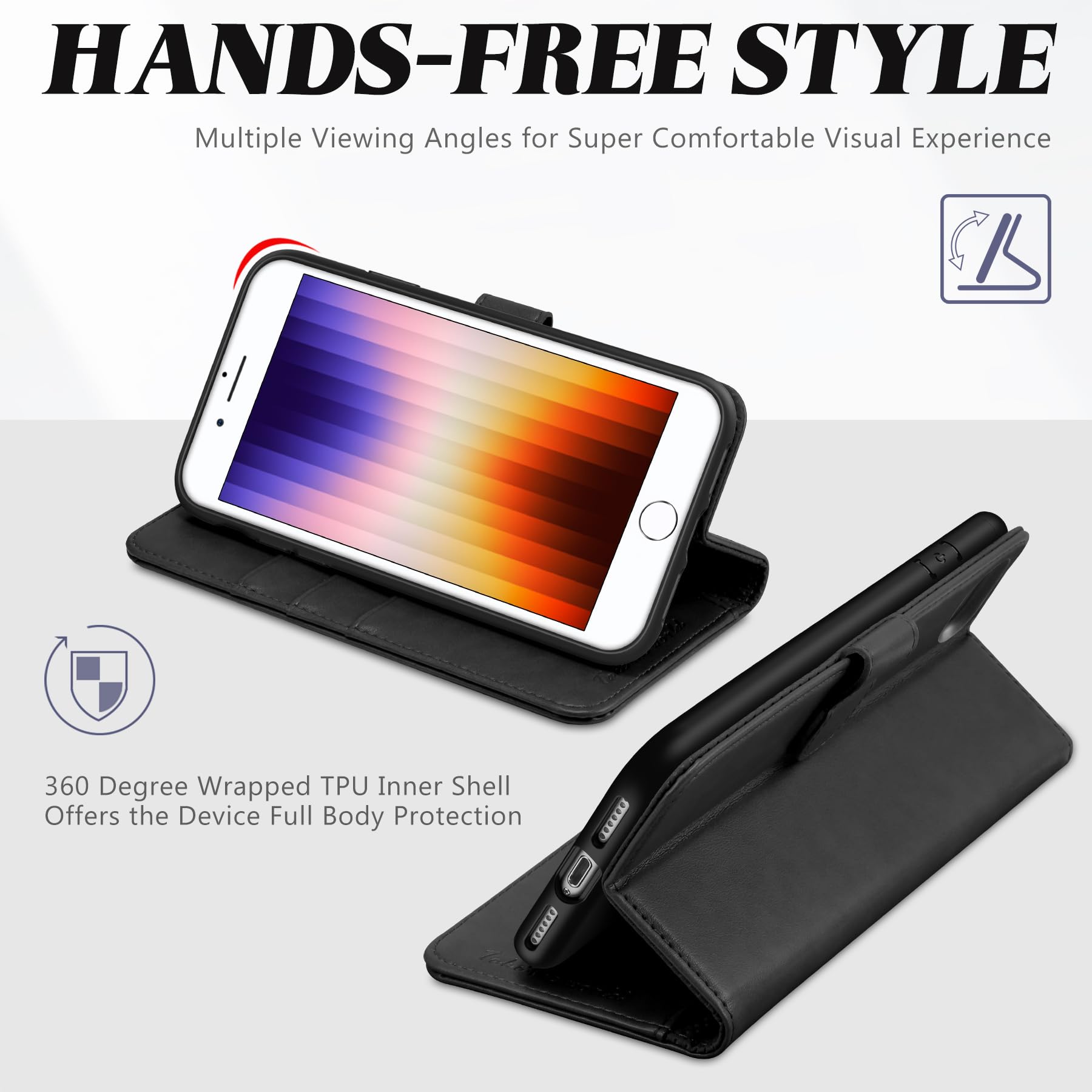 TUCCH Custodia per iPhone SE 2022, per iPhone SE 2020 per iPhone 8, per iPhone 7 Portafoglio Chiusura Magnetica Tasca Carte Portacellulare Antiurto per iPhone SE3/SE2/8/7 (4,7”), Nero