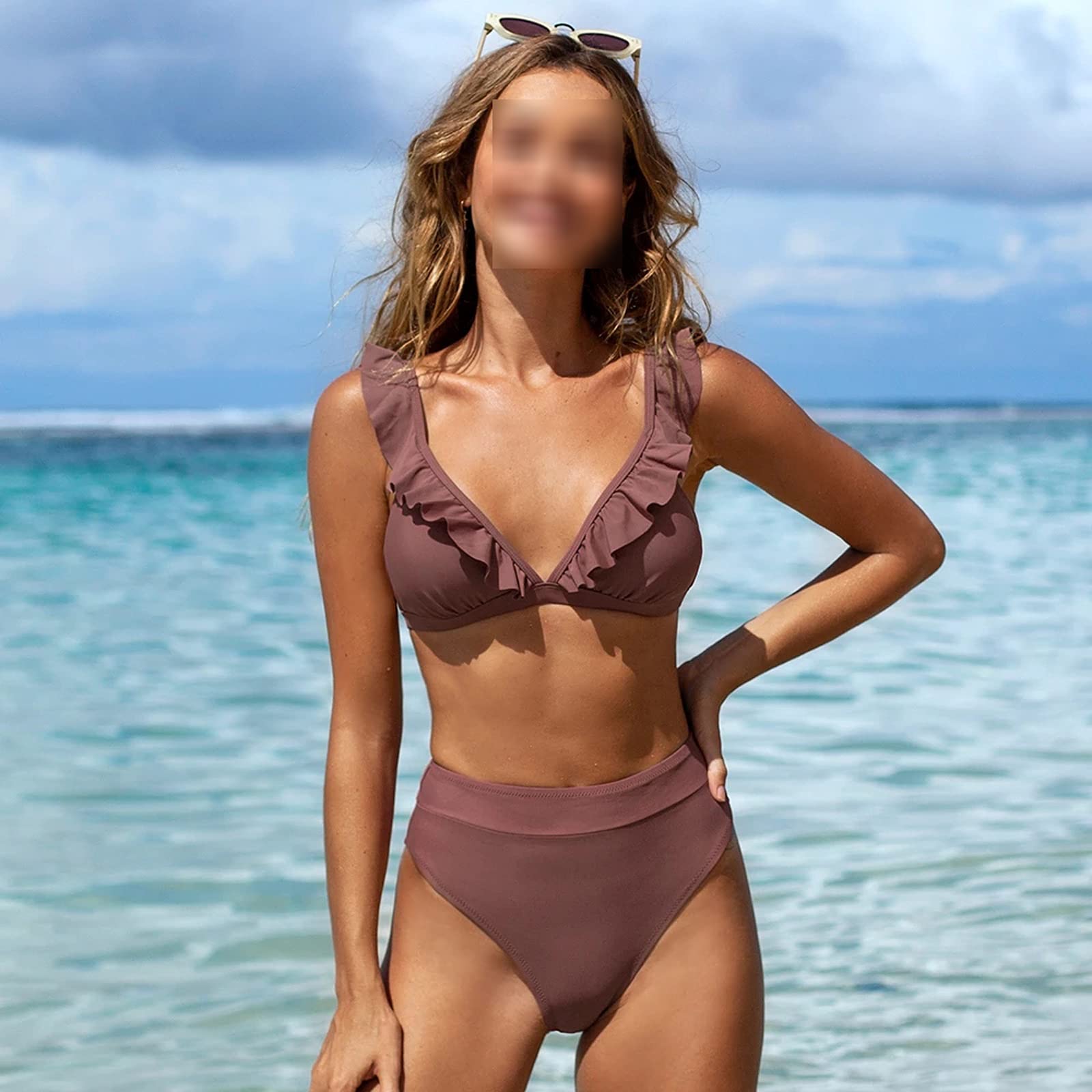 Dwuczęściowy strój kąpielowy V-neck Potargane zestawy Bikini z wysokim stanem Strój kąpielowy Kobiety Seksowny solidny brązowy Dwuczęściowy strój kąpielowy Nowe plażowe kostiumy kąpielowe Bikini Set (A XXL)