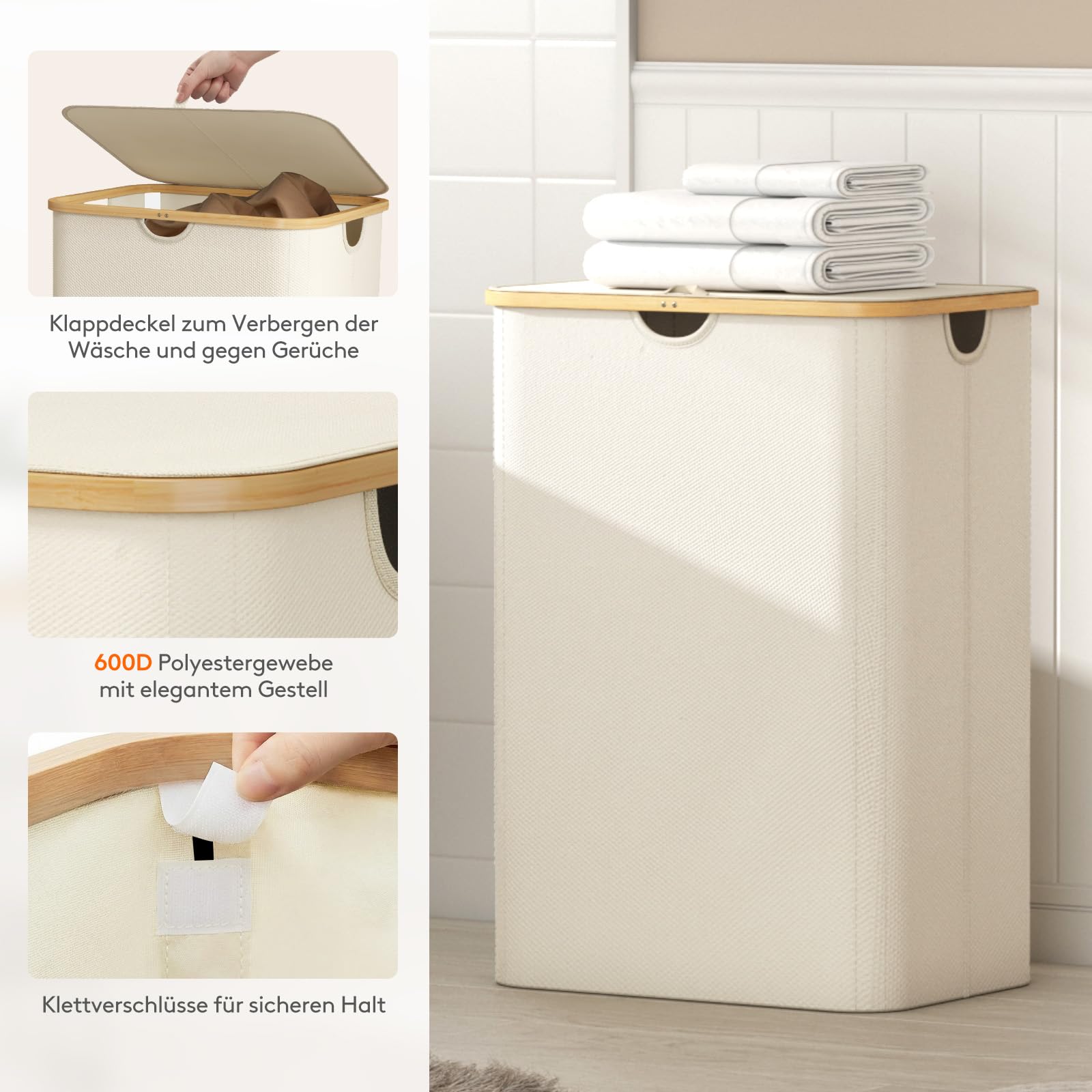 Lifewit 170L Wäschekorb mit 3 Fächern und Deckel, Beige