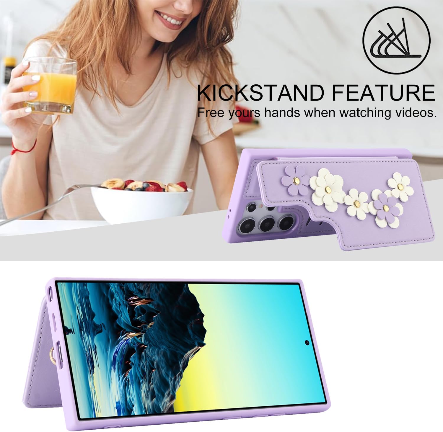 Asuwish Phone Case for Samsung Galaxy S25 Ultra 5G Wallet Cover with Tempered Glass Screen Protector Credit Card Holder Slot Crossbody Strap Stand Flower Cell S25Ultra 25S S 25 25Ultra Women Purple