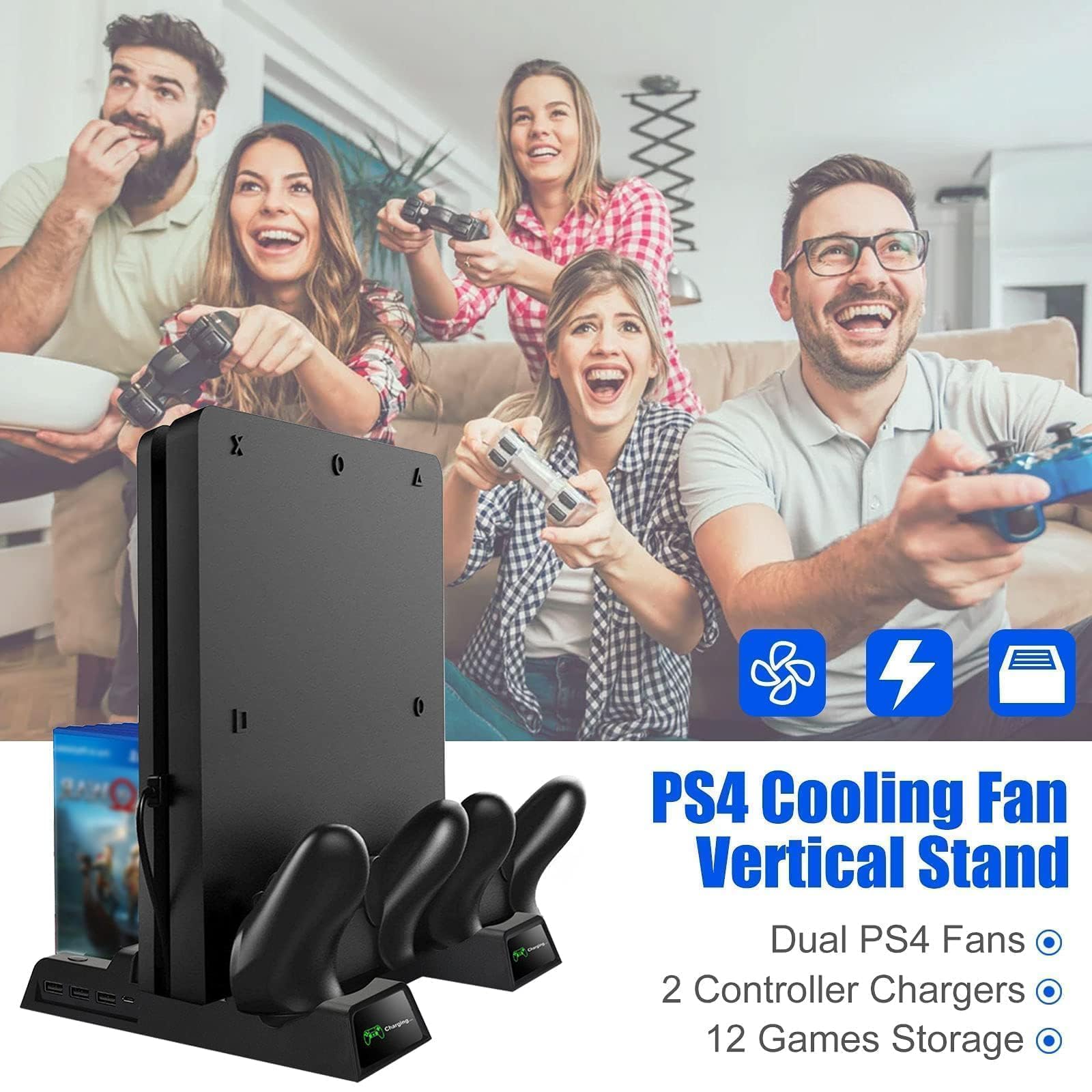EEEKit Podstawka z Wentylatorem do Playstation 4 Pro, Zewnętrzny Chłodzenie Wentylator do PS4 Slim ze Stacją Ładującą dla 2 Kontrolerów, Hub USB, Przechowywanie 12 Gier