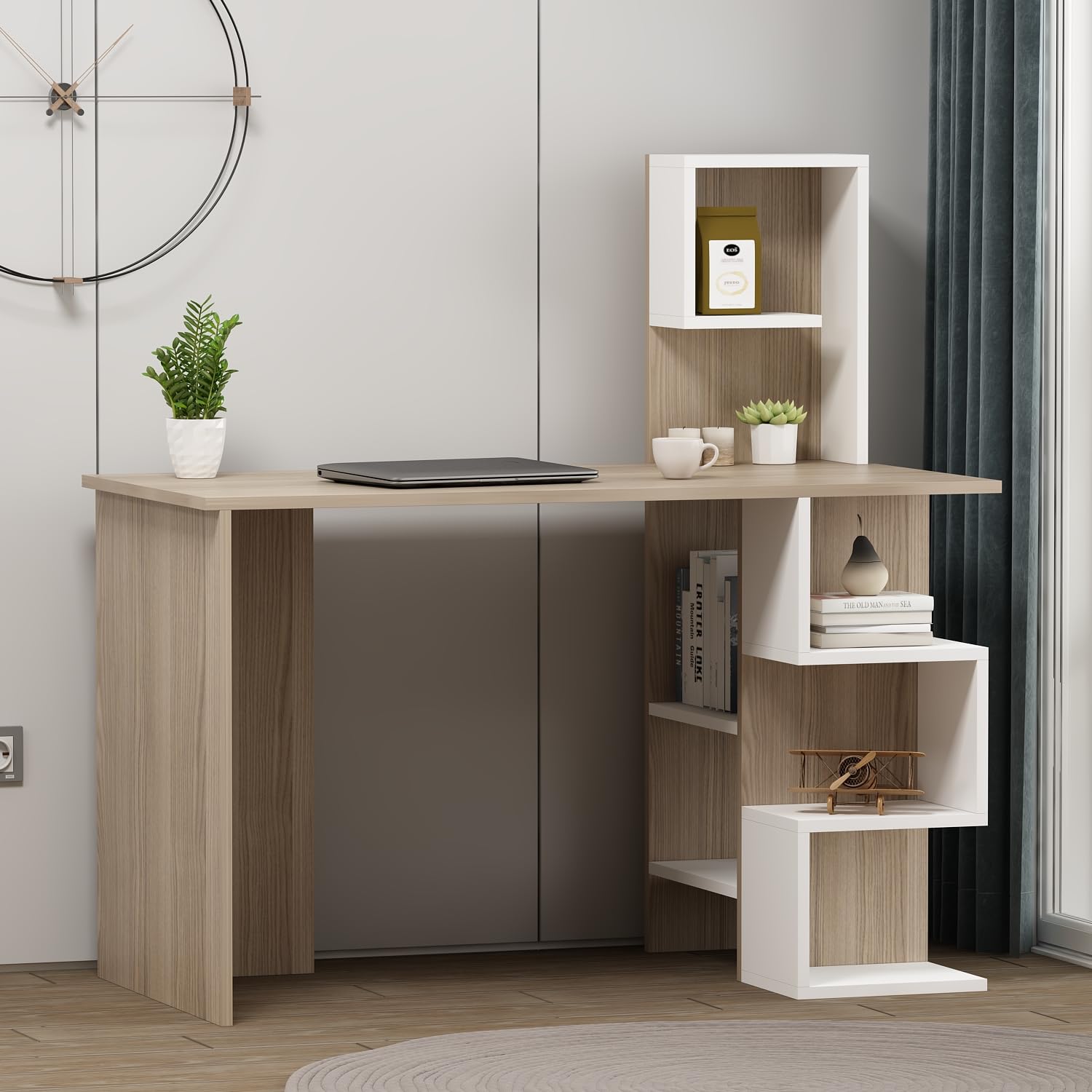 HOMIDEA DERONI Writing Desk - Computer Workstation - Home Office Desk - Writing Table with shelf unit in modern design (Avola/White)