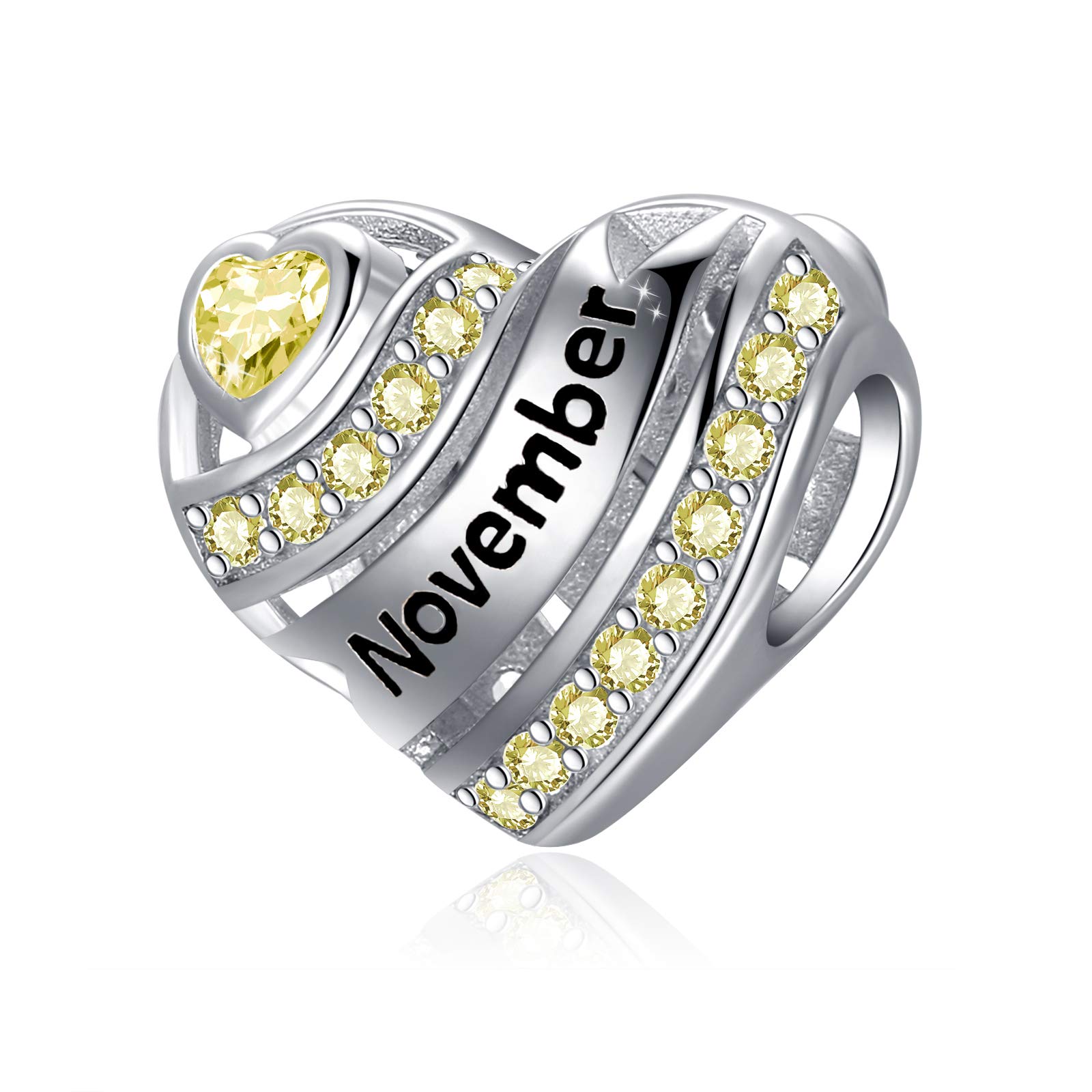 Birthstone Heart Charms for Charms Bracelet-925 Sterling Silver Love Heart Bead Charms for Bracelets and Necklaces, Birthday Gifts for Women. November