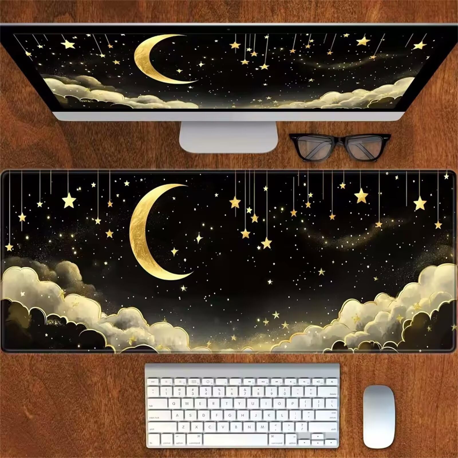 Alfombrilla Ratón Luna Estrella Dorada Alfombrilla Ratón XXL para Juegos,1000x500x3mm Mouse Pad Extendida Bordes Cosidos Base de Goma Antideslizante para Ratón y Teclado