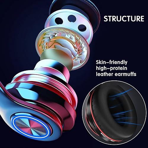 Miniatura 7 de Auriculares Bluetooth sobre la oreja, luces LED coloridas con graves profundos con micrófono, ligeros, con cable e inalámbricos, plegables, estéreo