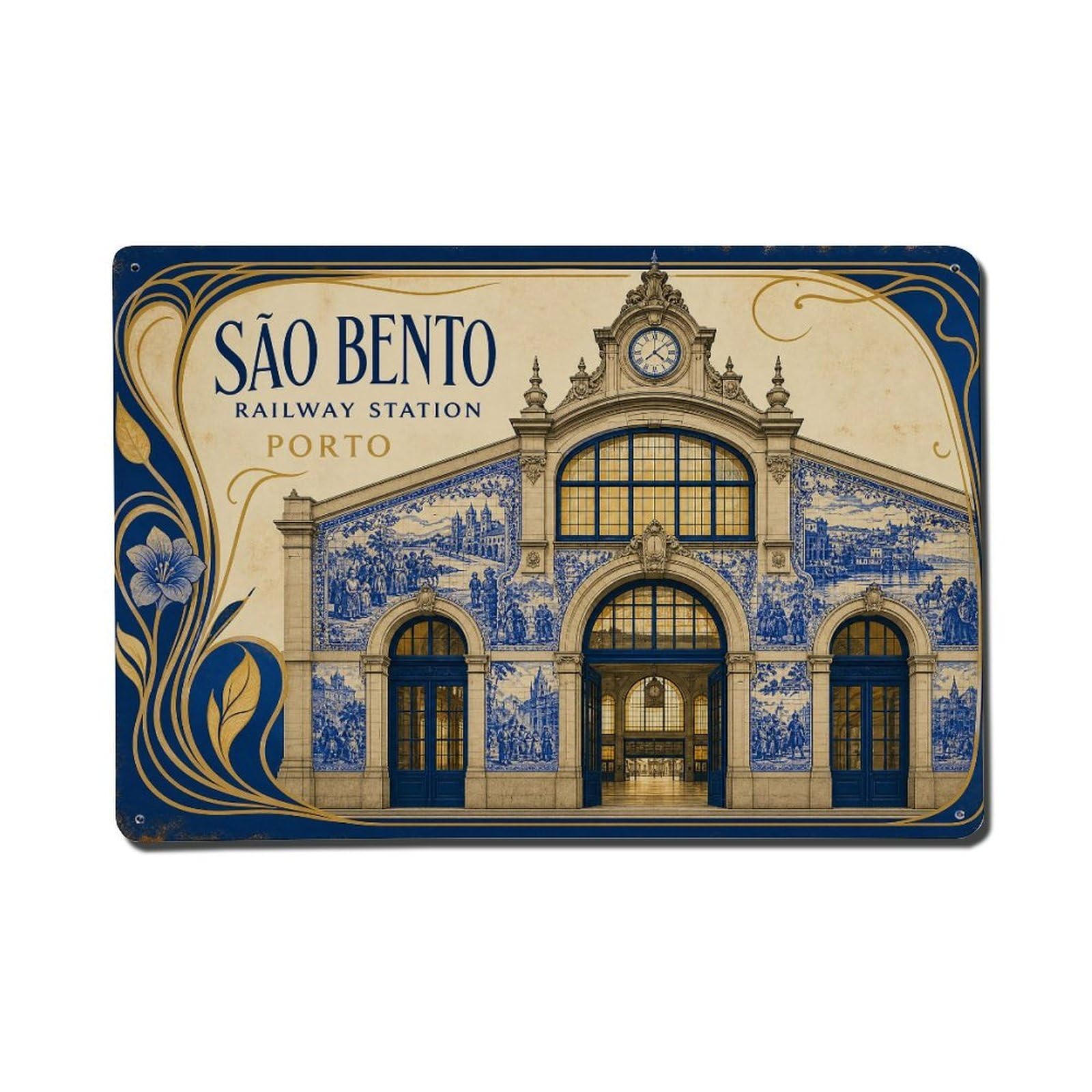 Yrnq 08X12inch Vintage Style Vintage Sao Bento Station Azulejo Architecture Portugal Metal Tin Sign