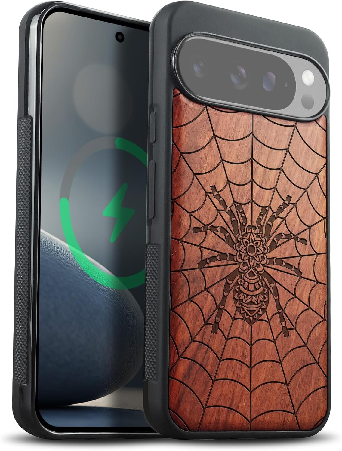 Carveit Magnetic Wooden Case for Google Pixel 10 Pro XL Case, Wood Artisan Engraved & Soft TPU Shockproof Cover, Compatible with MagSafe Wireless Chargers (Spider Web) Blackwood