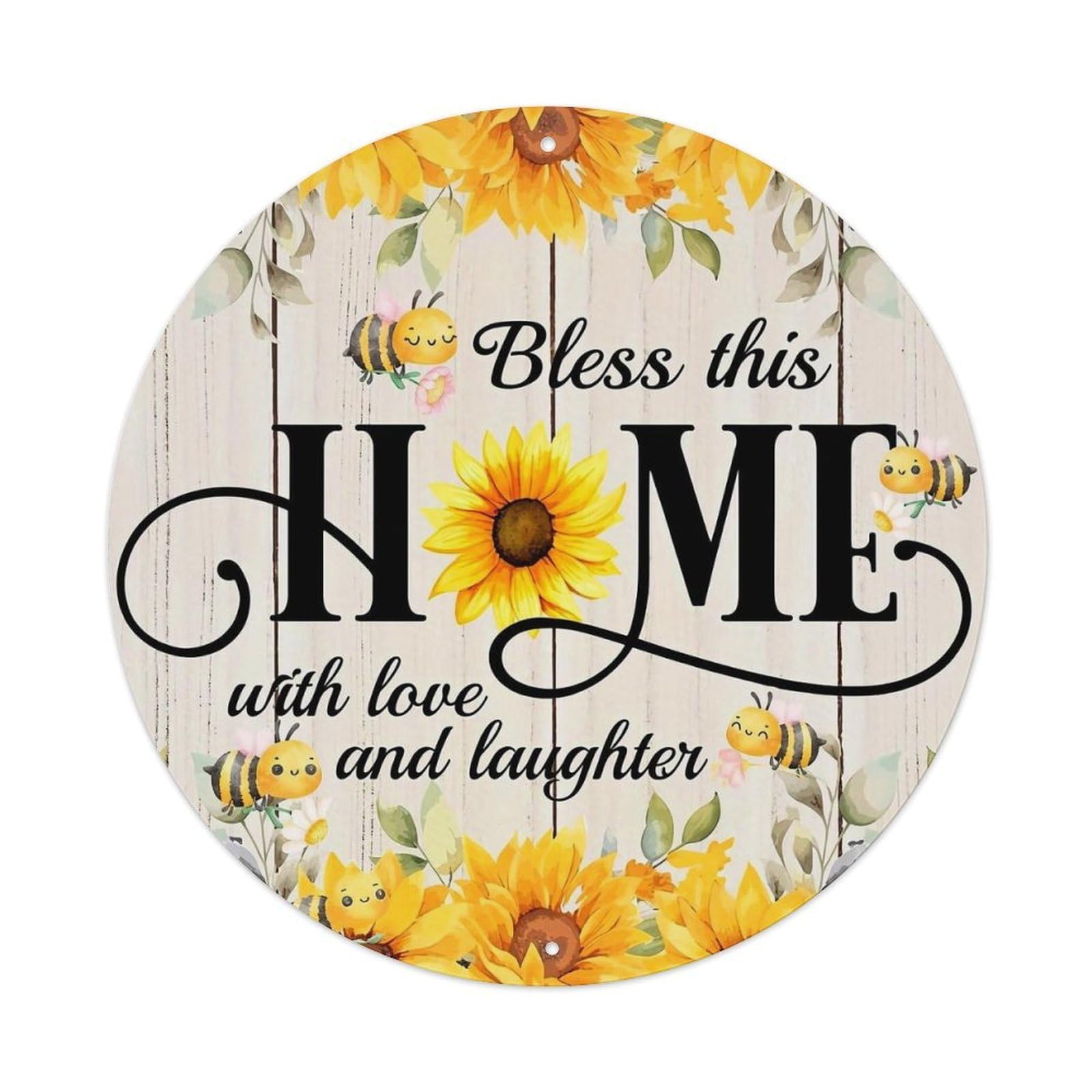 Sunflower Bee Home Blessing Pattern Round Tin Sign Vintage Metal Sign Home Bar Garden Indoor & Outdoor Wall Decor Retro Metal Poster 8x8 Inch