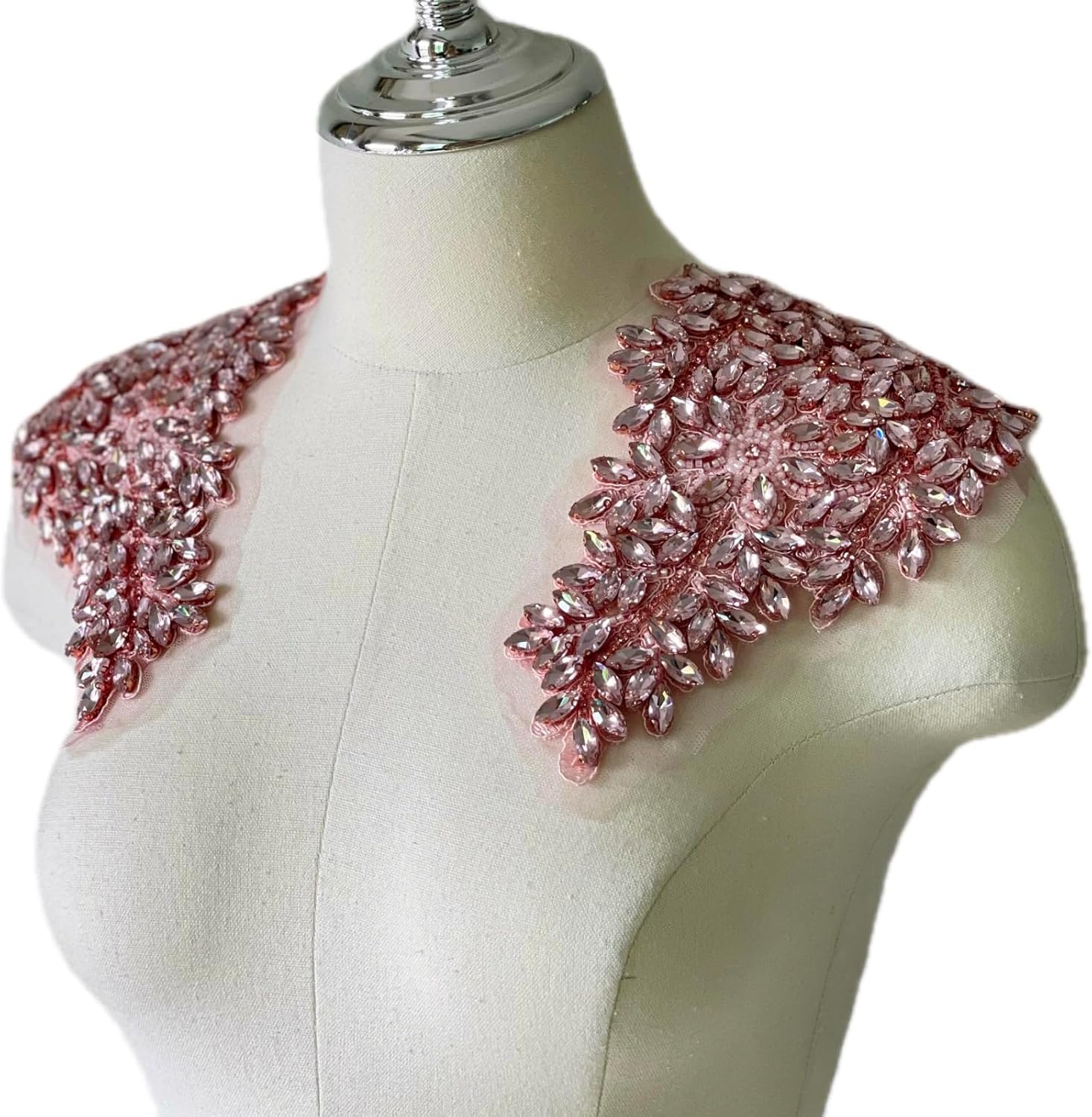 1 Pair Handmade Shining Pink Rhinestones Applique Patches Sewing Beads Sequins Stone Trim Accessories for Wedding Dress Decoration,10.7" *5.9" Leaf Flower Applique (Pink)