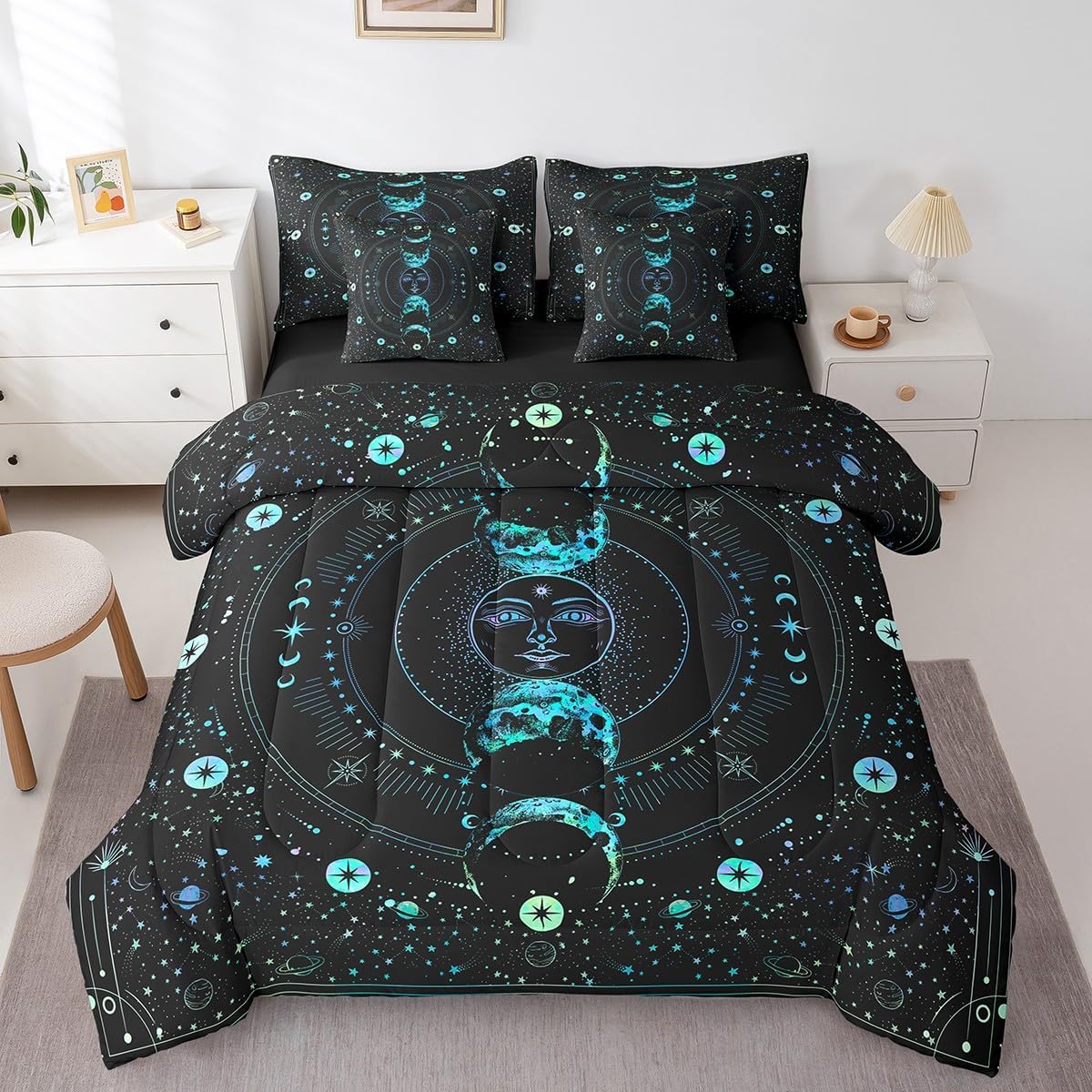 Manfei 7 Pieces Sun Moon Comforter Set Queen, Stars Space Psychedelic Bedding for Kids Boys Girls, Blue Sun and Moon Bed Set(1 Comforter,1 Fitted Sheet,2 Flat Sheet,2 Pillowcases,2 Throw Pillow Cover)