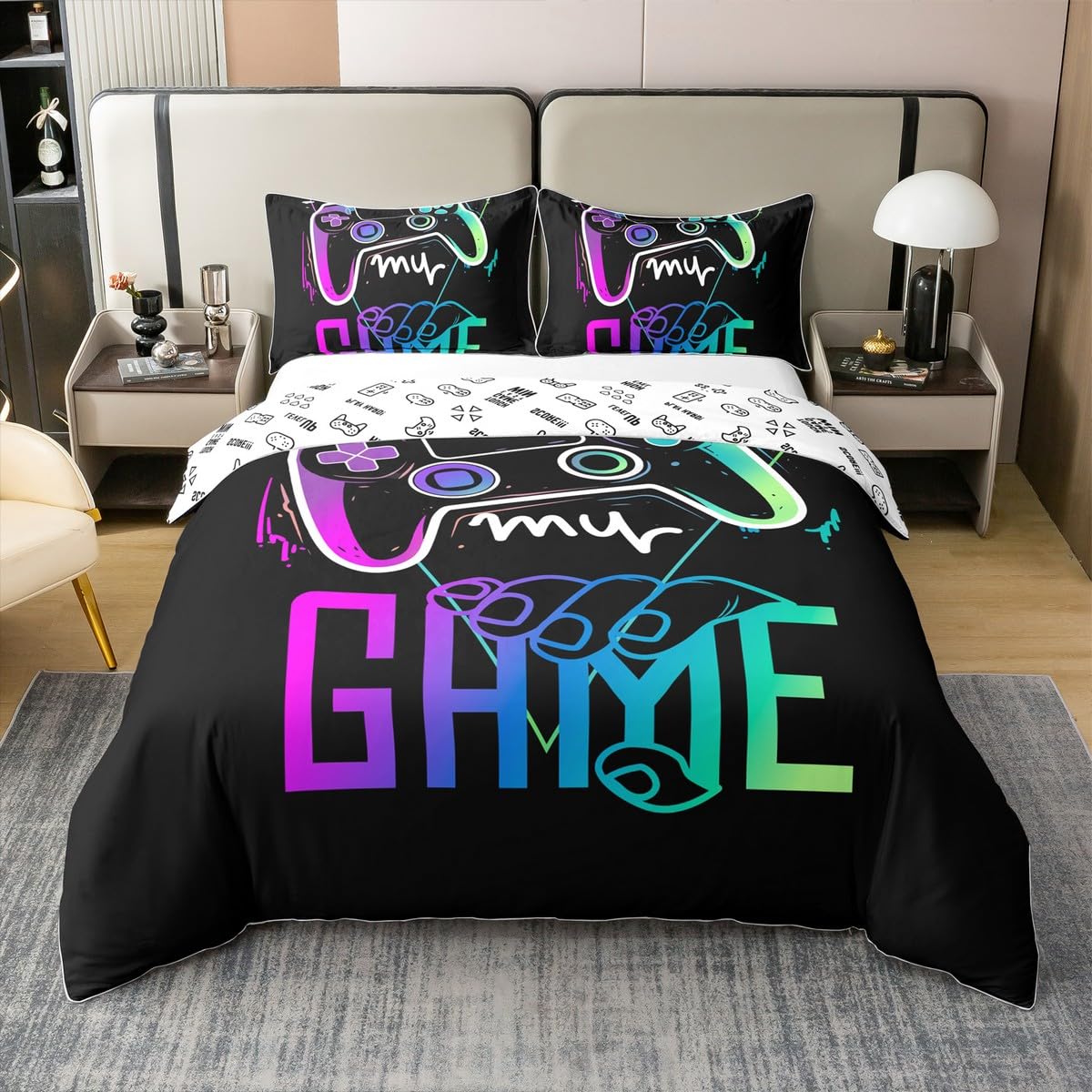 Homemissing Set di biancheria da letto con copripiumino e 2 federe, in 100% cotone, per bambini, motivo videogiochi, colore viola, nero, per ragazzi e ragazzi, motivo controller