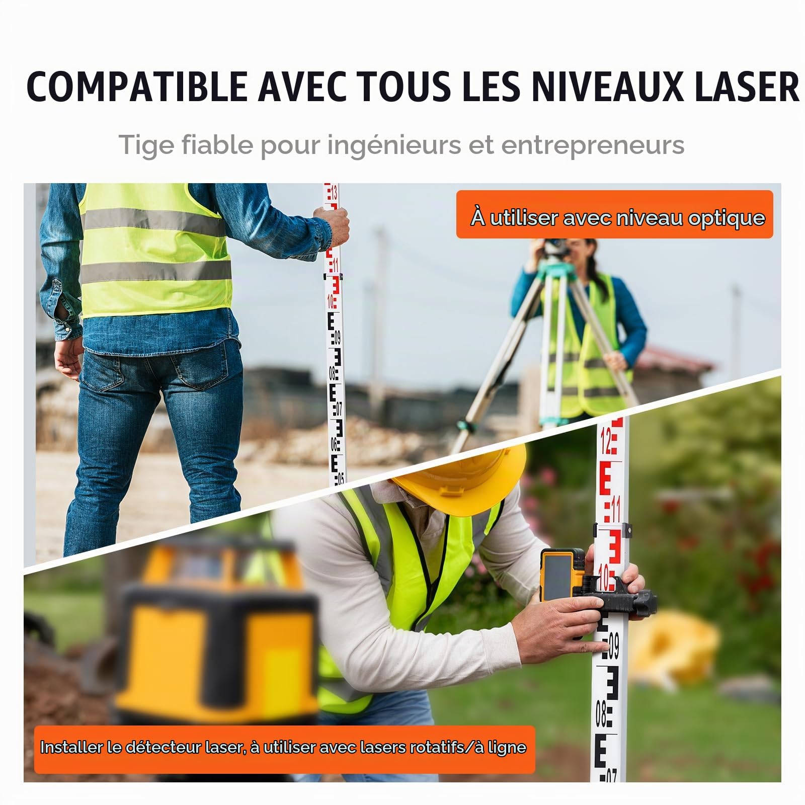 VEVOR Tige de mesure télescopique métrique 4 m, mire télescopique de mesure double face en cm/mm règle en alliage d'aluminium avec niveau à bulle et sac de transport pour mesurer maisons, murs, sols