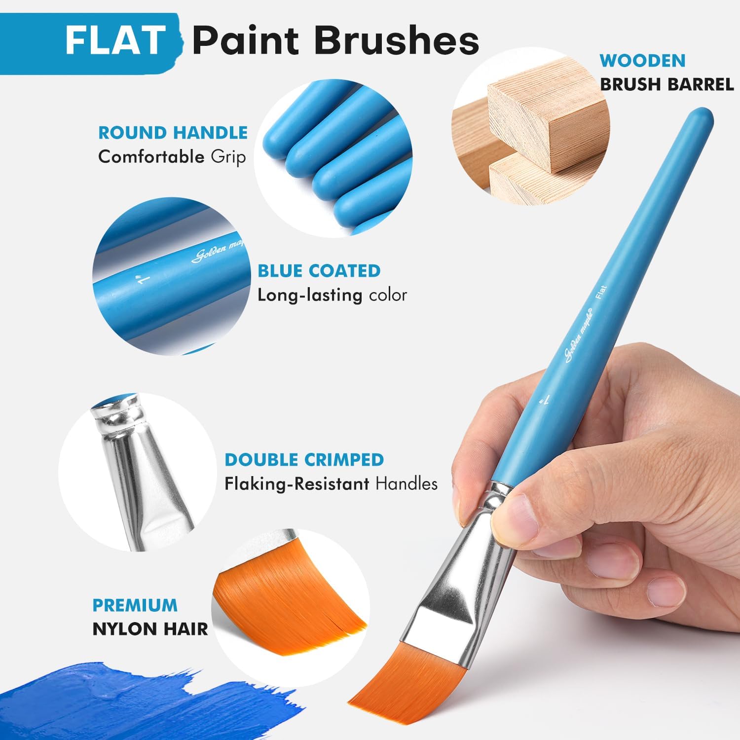 Flat Paint Brushes for Acrylic Painting, Golden Maple 18 PCS Paint Brushes for Acrylic Painting Oil Watercolor & Canvas, Incluing 3pcs 1.5inch, 5pcs 1inch, 10pcs 1 inch Flat Brushes