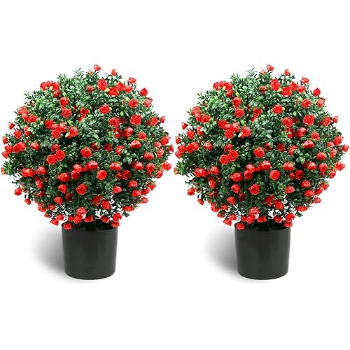 Sunnyglade 21.6” Tall Artificial Rose Topiary Ball Tree Set of 2 Pack Potted Bushes UV Resistant Potted Plants for Indoor Outdoor Home Garden(Red)