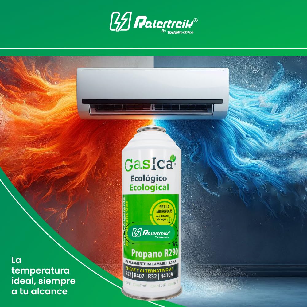 Pack 3 Bombonas Gasica V2 Gas Refrigerante Ecológico Orgánico sustituto R22, R407, R32, R410A Y R290 para Recarga Aire acondicionado más Llave de Paso de perforación 1/2 hembra para botellas Gasica