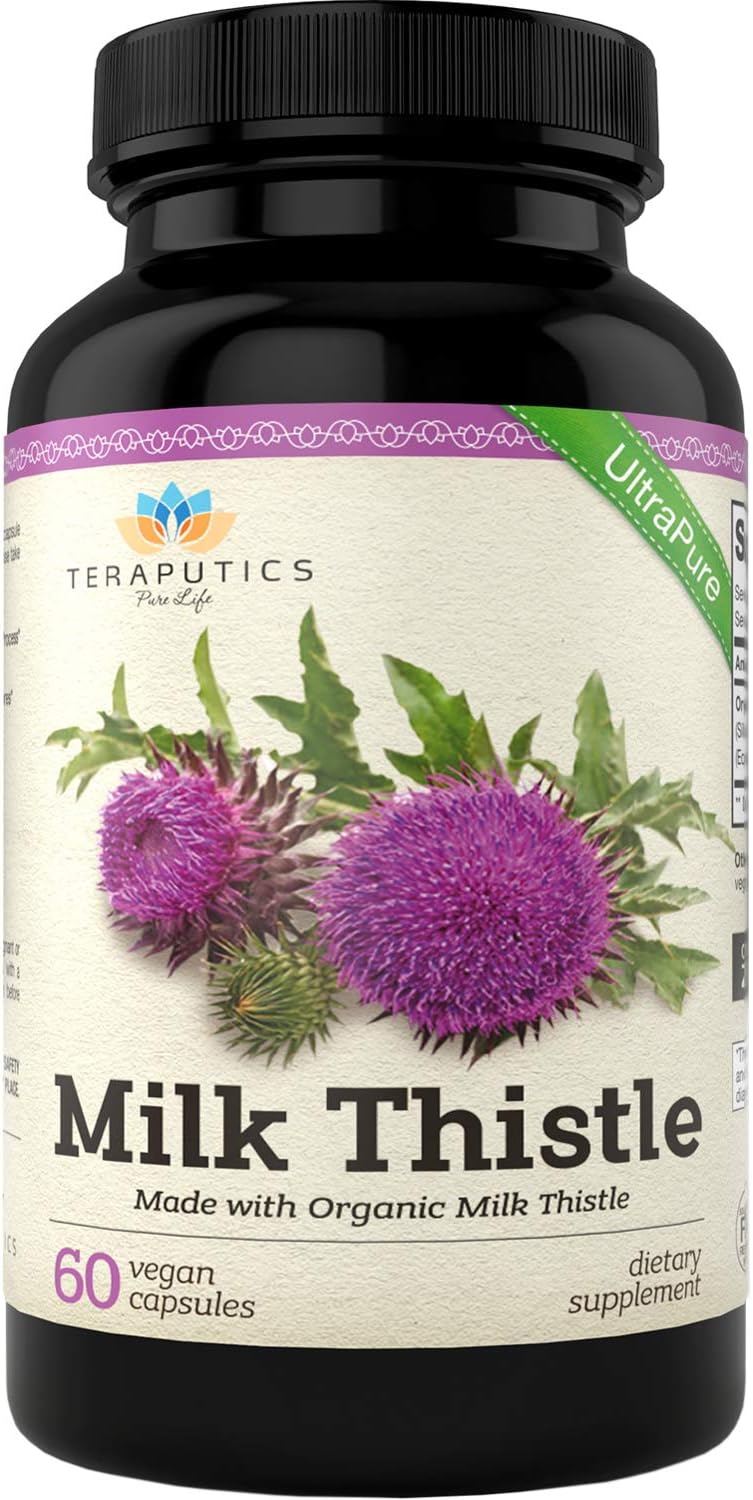 Teraputics Organic Milk Thistle | Non GMO 2000mg 4X Concentrated Vegan Daily Supplement w/Silymarin Seed Extract for Liver Support, Detox and Cleanse - 60 Veggie Capsules