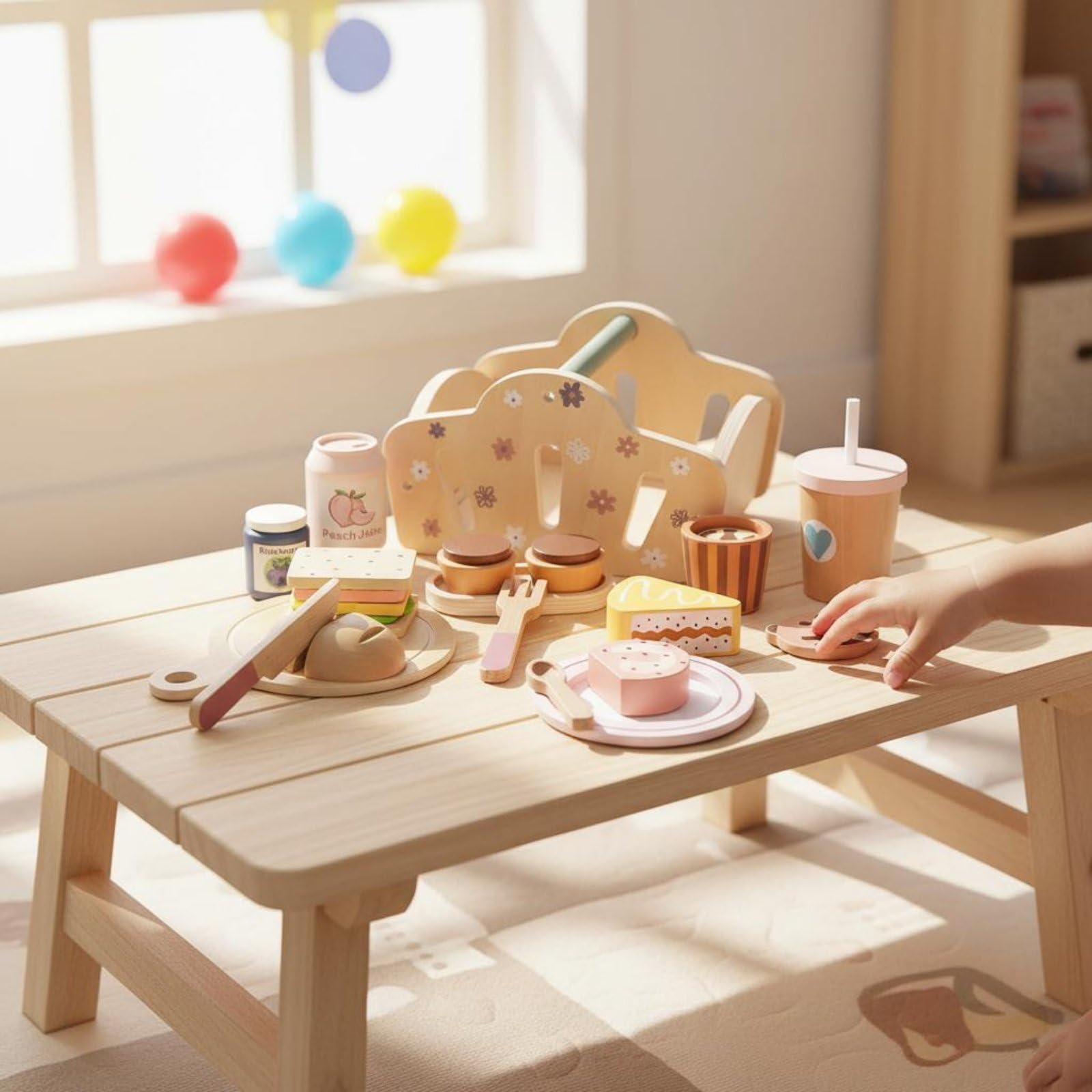 Juego de Picnic Infantil Cocina de Juguete Canasta Madera Pan Set Simulación Rebanable y Sándwich Apilable Aprendizaje Social y Motricidad Fina Adecuado para Juego en Viajes
