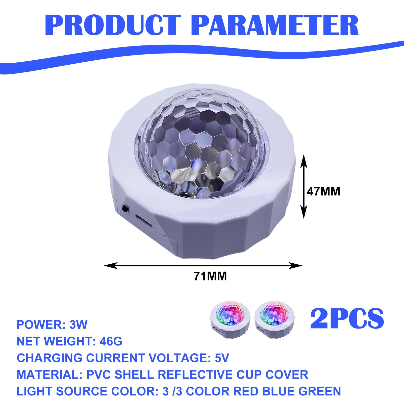 Mini Bola de Discoteca, 2 Unidades de 5 V, Luz Portátil para Coche, LED DJ, Fiesta, USB Controlada por Voz, Estado de Ánimo, Batería