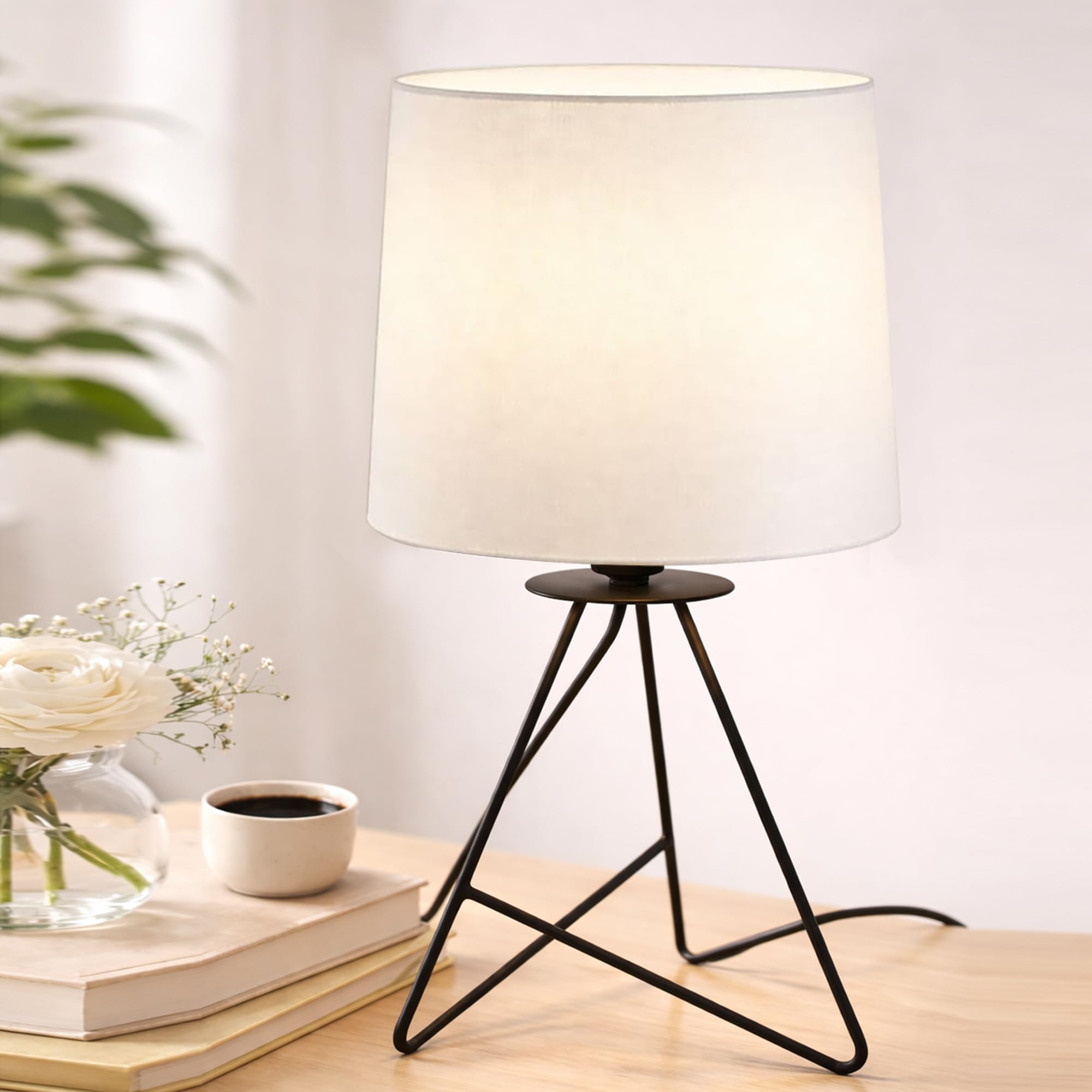 Modern Black Tripod Table Lamp with Taper Fabric Shade | Metal Base Bedside Lamp for Bedroom, Living Room, Study, Office & Nightstand | Decorative Table Light (White)-image-41