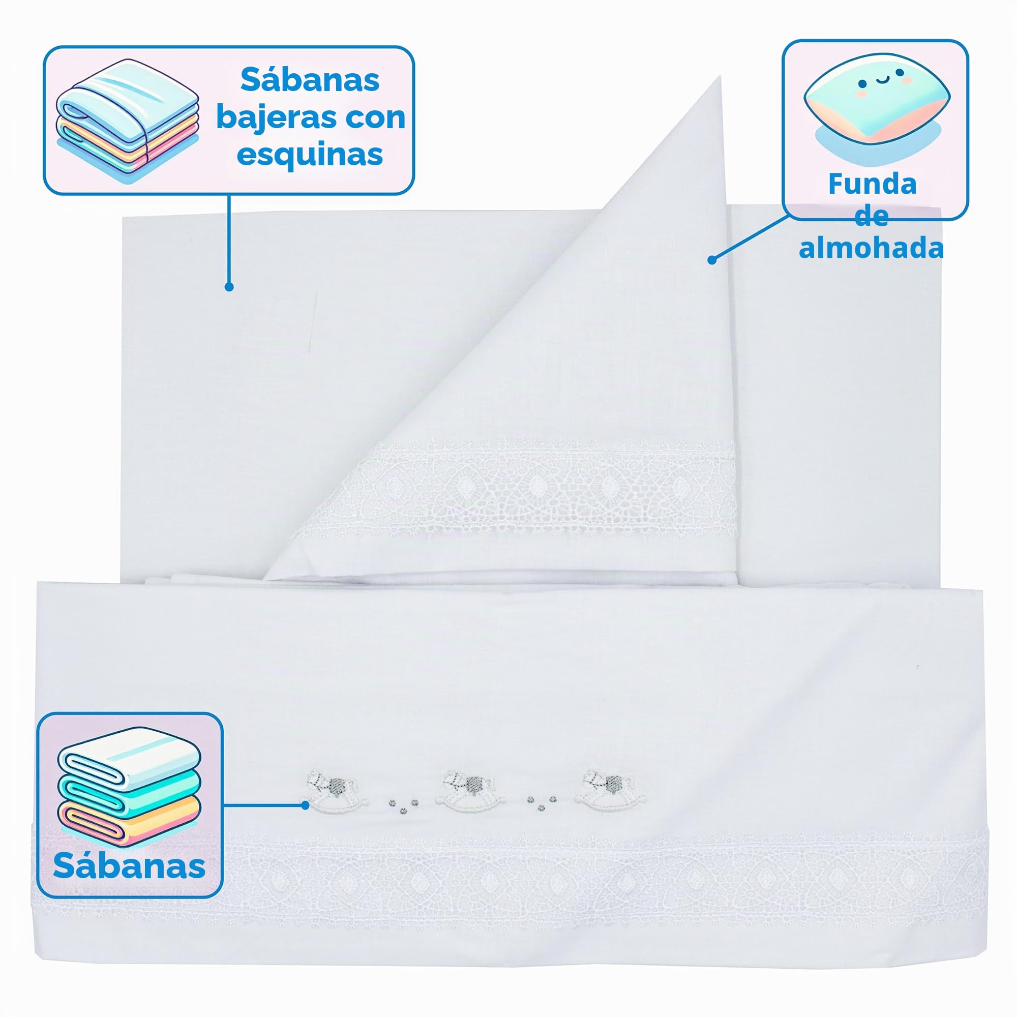 PASTELLO - Juego de cama para cuna de 3 piezas, 100% algodón para bebés, juego completo de sábanas con bordado (Art. LL31E, PERLA)
