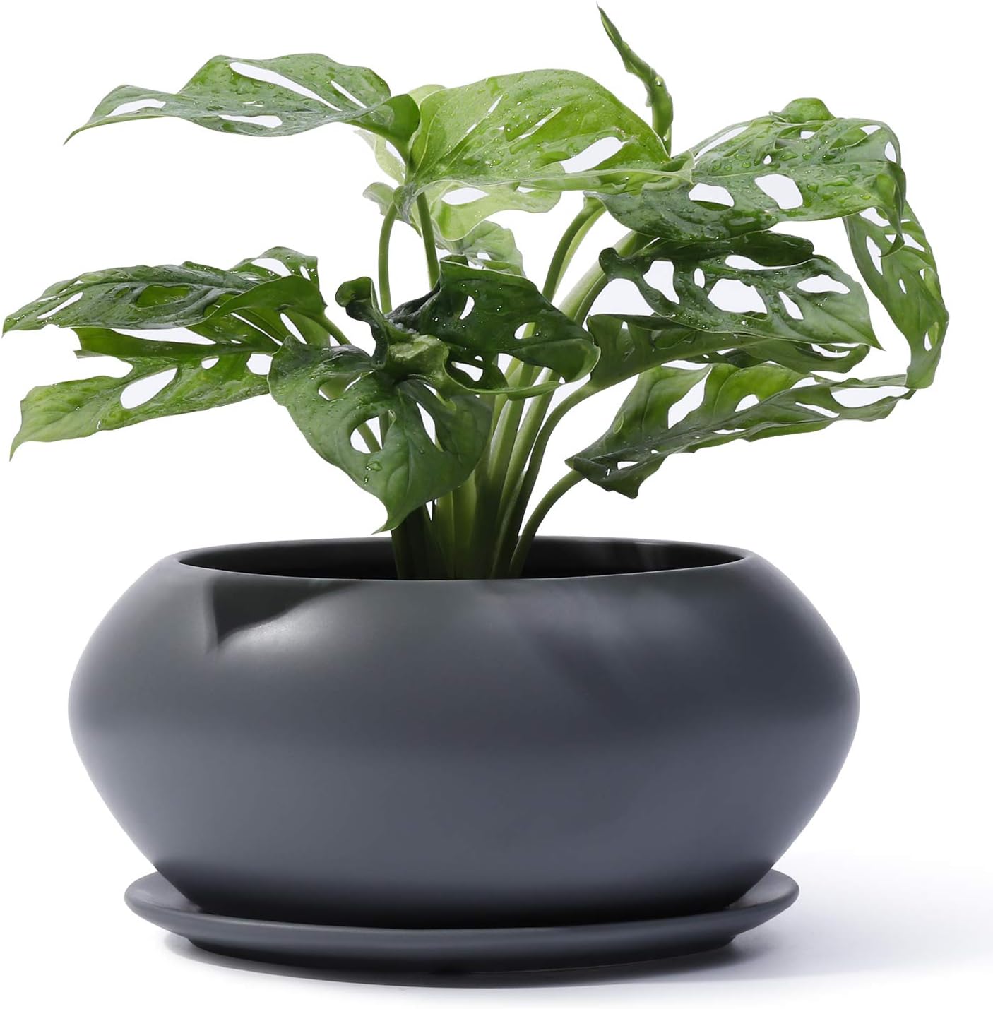 POTEY Ceramic Plant Flower Pots - 6.9 Inch Planter Bonsai Medium Container Large Space - Drain Hole with Saucer, Gray