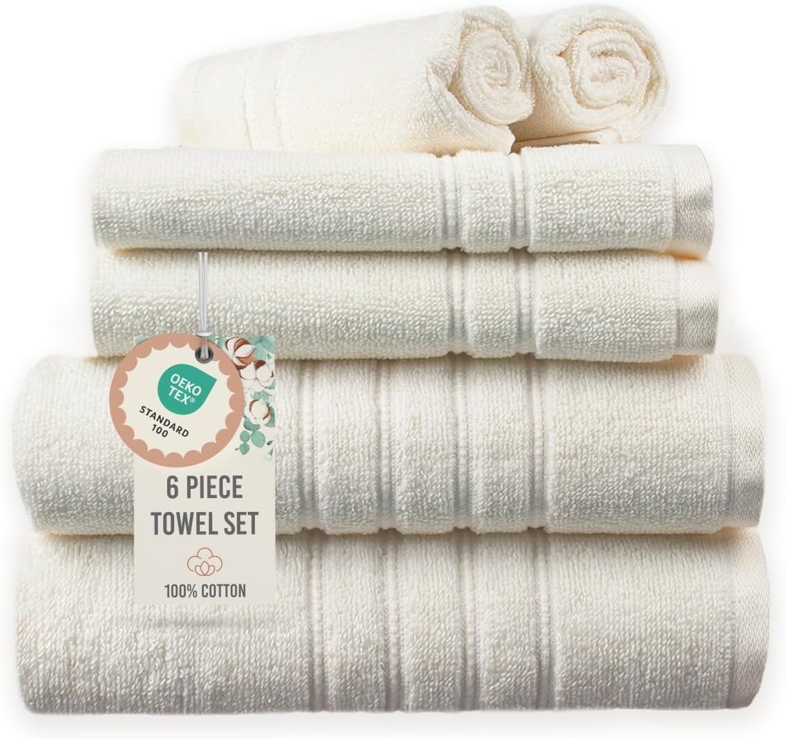 Wellness Hydration Solid 100% Cotton 550 GSM 6 Piece Bath Towel Set, Soft & Absorbent, Quick Dry, 2 Bath 27x54, 2 Hand 16x28, 2 Wash 13x13, Ivory, Oeko-TEX® Certified