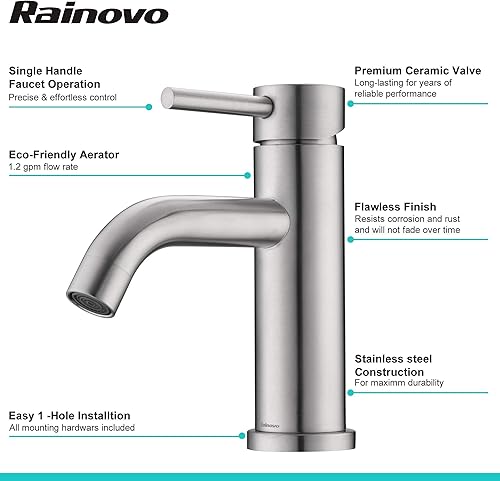 Miniatura 3 de Rainovo Grifo de baño de níquel cepillado, grifo de lavabo de baño de un solo agujero, acero inoxidable, moderno grifo de tocador de una sola