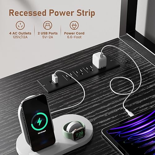 Miniatura 5 de ALLSTAND Escritorio para computadora con soporte de impresora y gabinete, escritorio de juegos de 69 pulgadas con luces LED y tomas de corriente,