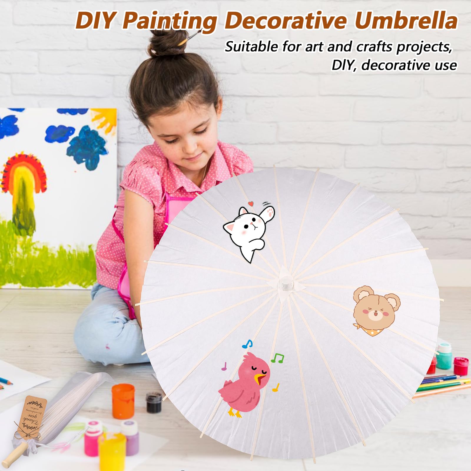 60cm Wedding Paper Parasol Umbrellas Set Thank You Cards White Drawstring Bag Favors Chinese Japanese Umbrella DIY Oiled Paper Painting Parasol for Photography Props Bridal Decor