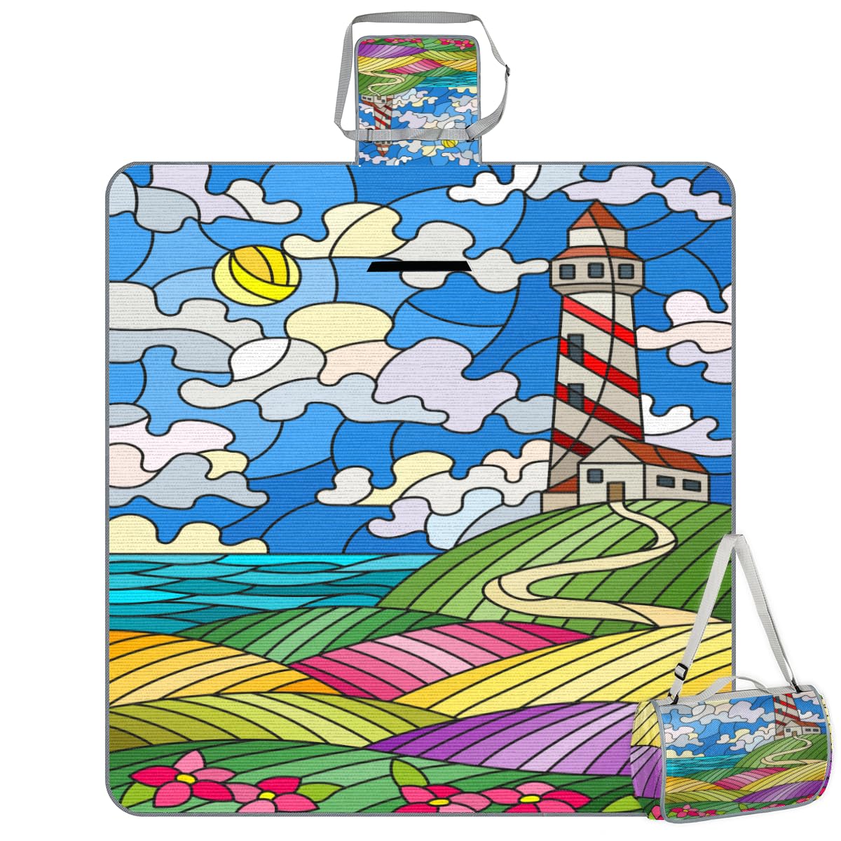 Shimoshe Picnic Blankets 57”x 59”, Abstract Flower Lighthouse Waterproof Sandproof Picnic Mat Lightweight Foldable Beach Blanket for Camping Park Grass Beach Outdoor Blanket