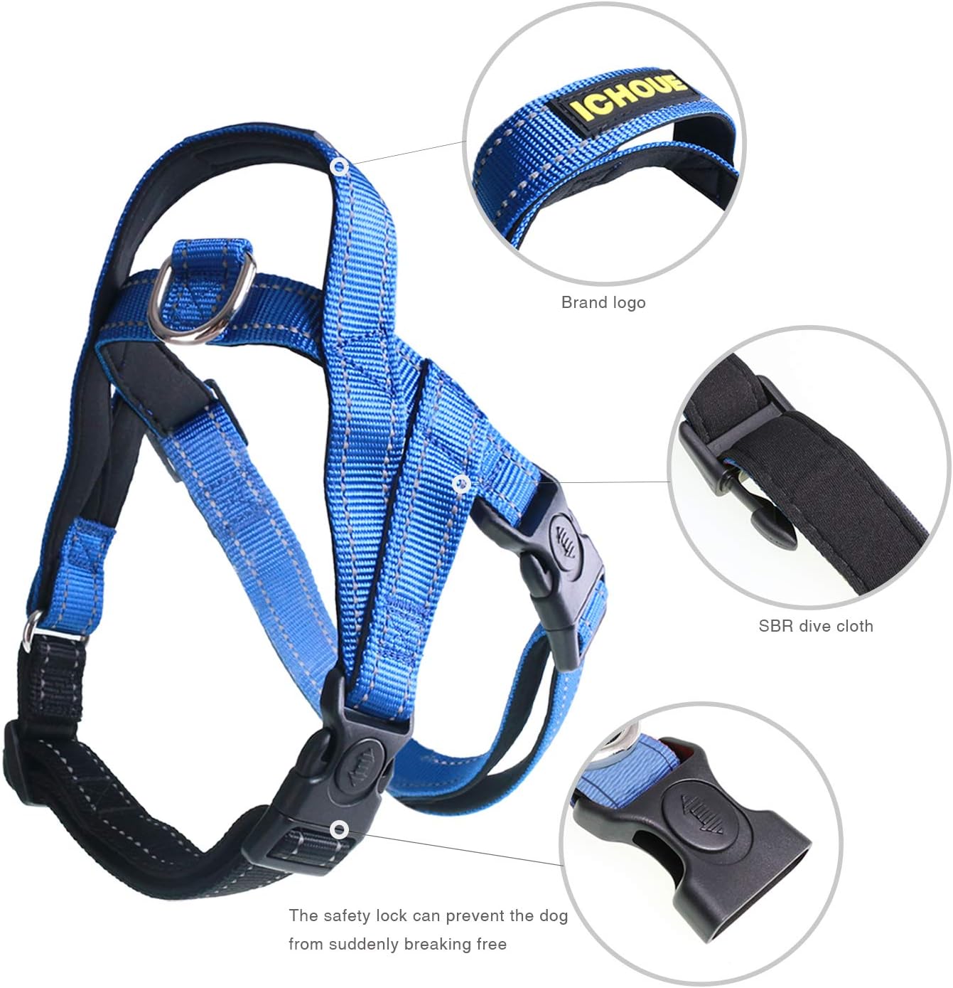 iChoue French Bulldog Harness and Leash Set Adjustable Padded Locked Buckle with Handle for Frenchie Pug English Boston Terrier Dogs, Blue, Small