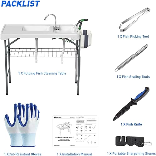 Miniatura 8 de Mesa de limpieza de peces con fregadero de 42.6 pulgadas de ancho, mesa de campamento plegable portátil con marca de medición, estación de limpieza
