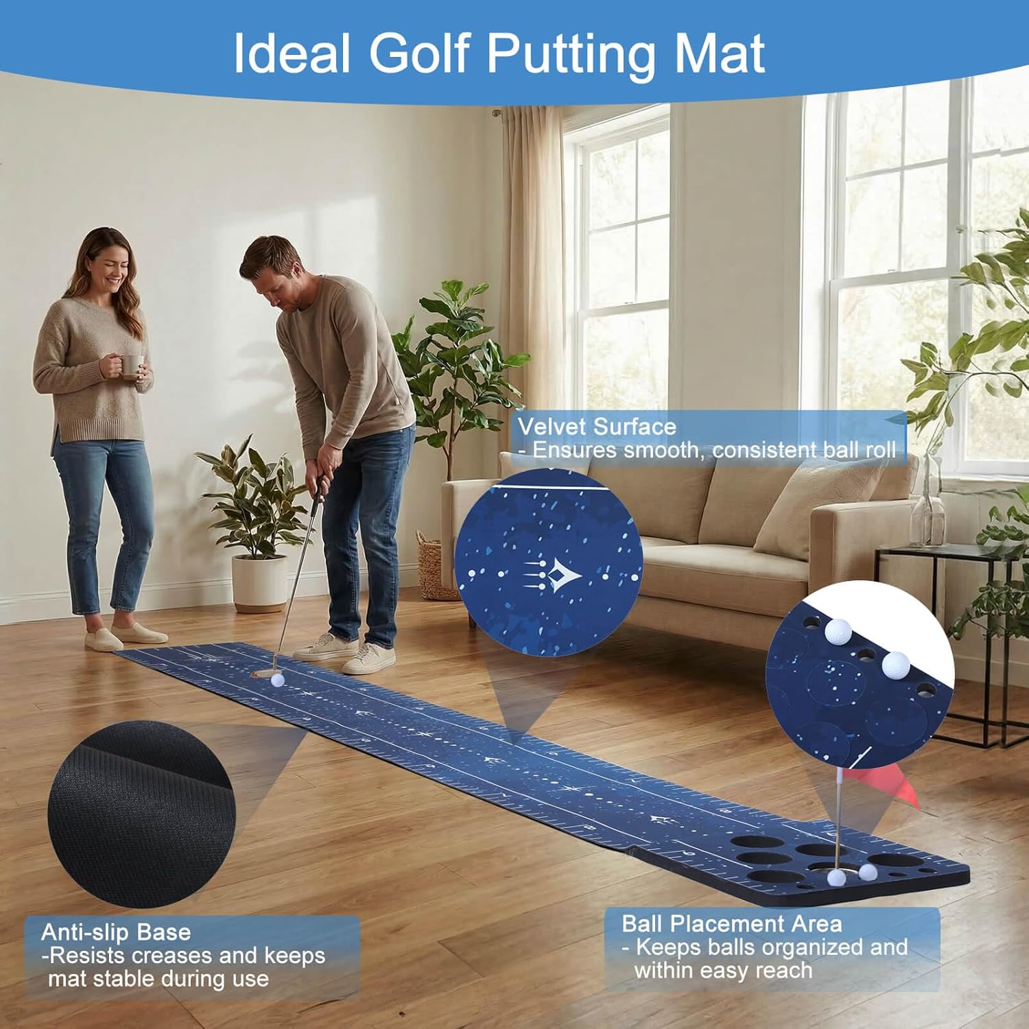 Chriiena Golf Putting Game Mat, Indoor Putting Green Set with 2 Balls, 1 Storage Bag, 1 Flag & Cup, Portable Pong Game Mat for Backyard Party Use