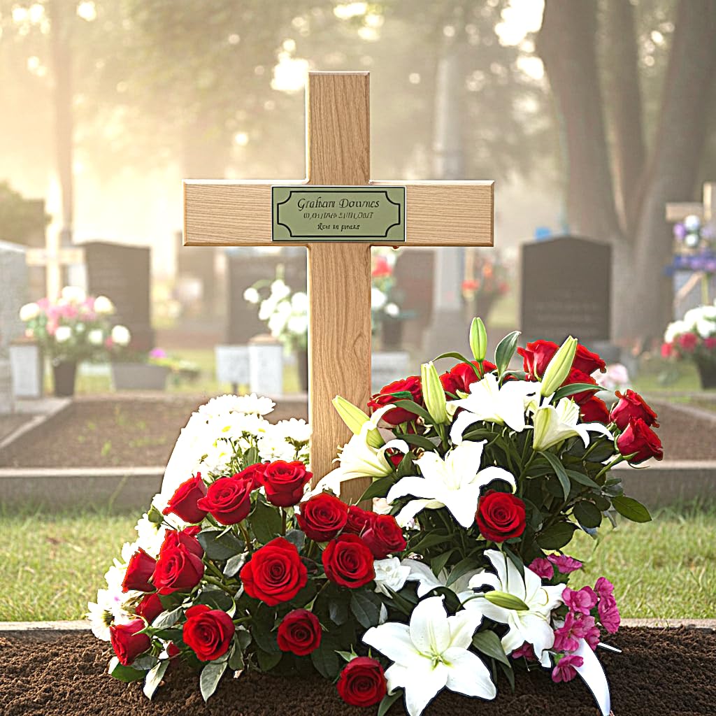 1st 4 Signs 23'' Wooden Memorial Cross Solid Oak Grave Marker & Bespoke Personalised Plaque - To Purchase Click Customize Now Button