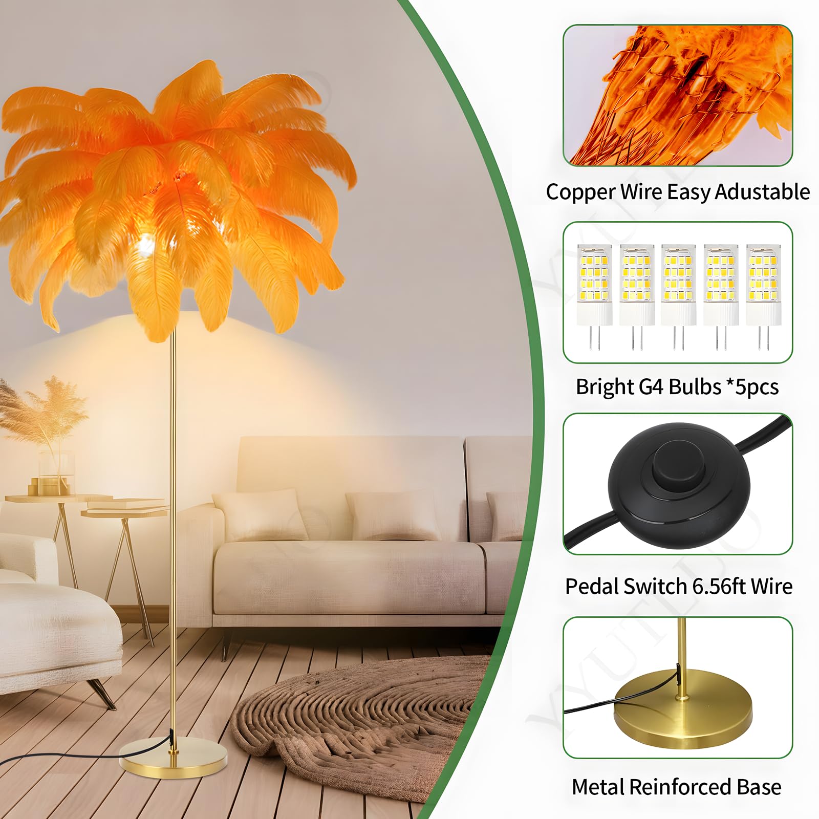 YYUTLUO Moderne Verenlamp, Natuurlijke Struisvogelveren Vloerlamp, 160cm Hoogte, Gouden Paal En Voet Staande Lamp, 3 Kleurtemperaturen G4 Led Lampen, Woonkamer Kinderen Slaapkamer Kantoor (Paars