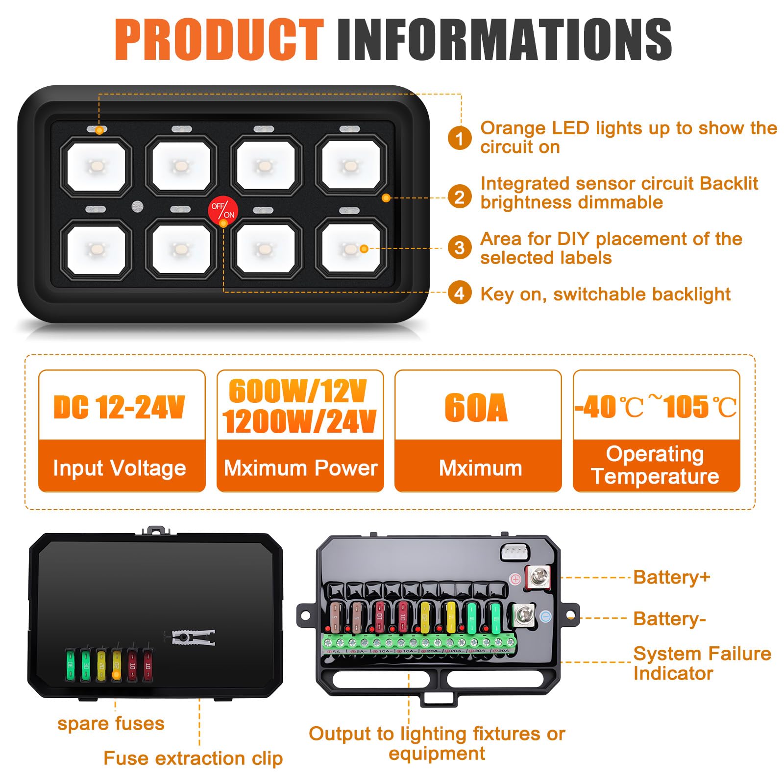 Pannello di commutazione a 8 vie, pannello di commutazione marino, pannello di comando degli interruttori 12V/24V con 7 colori 60A, 600W/12V, 1200W/24V, per auto, camion, barca, jeep, yacht