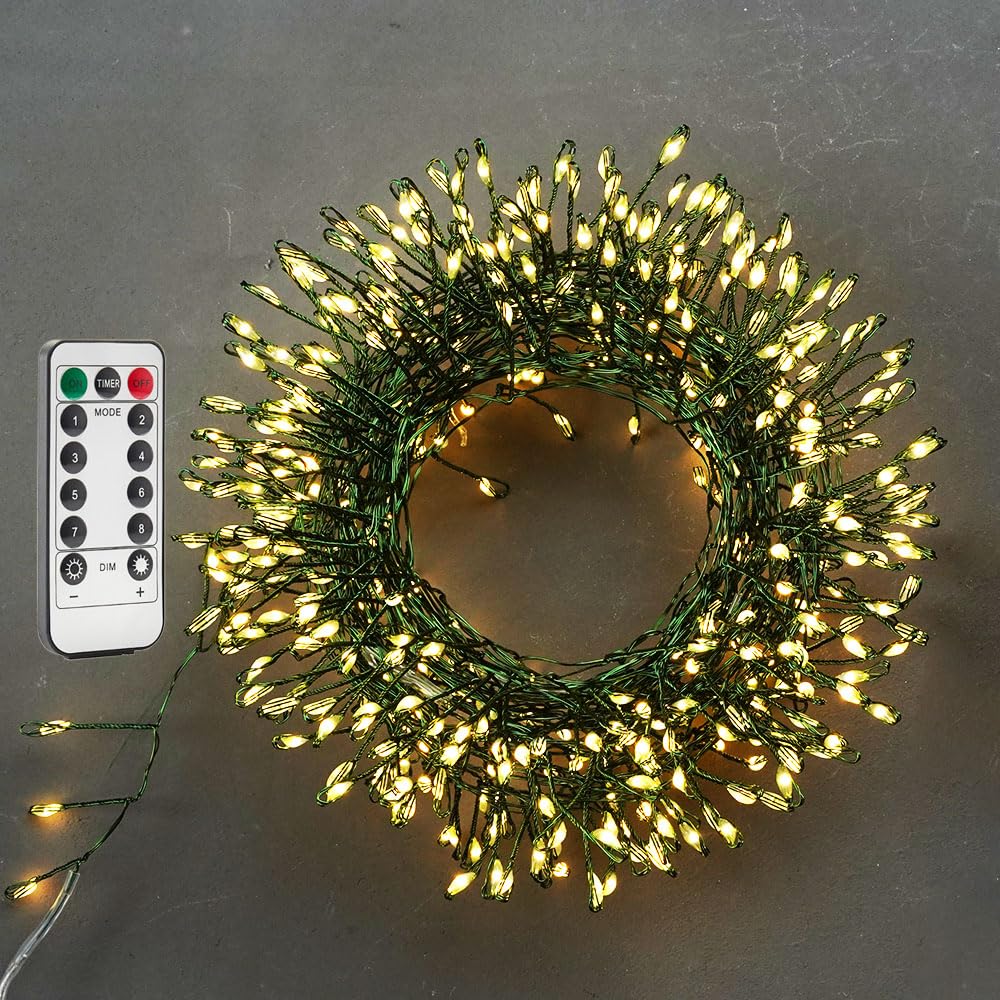 WEGRASY Firecracker String Lights 50 Feet 500 LED Plug in Warm White Green Wire Cluster Fairy Lights with Remote for Plants Bedroom Window Garden Christmas Tree