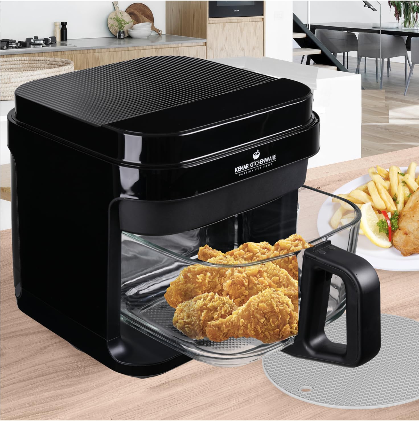 KHF-550 Heißluftfritteuse, 5,5 Liter,1.200W, Touchdisplay,Frittierkorb aus Glas ohne Beschichtung, Fritteuse mit Zange und Silikonuntersetzer (KHF-550 Standardausführung)