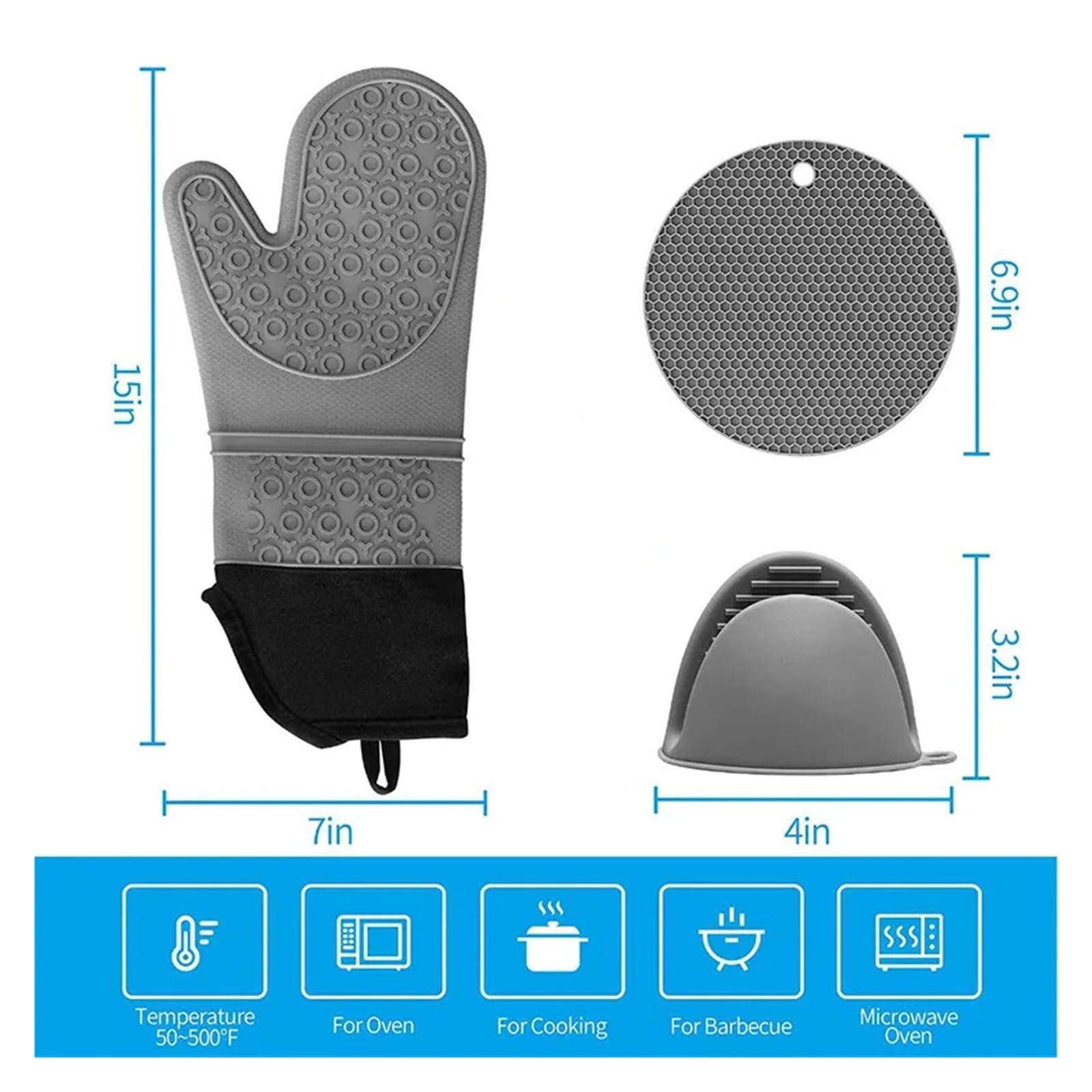MRKU Backhandschuhe, Ofenhandschuhe aus hitzebeständigem Silikon mit Mattenclip, 6-teiliges Set, mikrowellengeeignet, für hohe Temperaturen in der Küche und zum Grillen geeignet