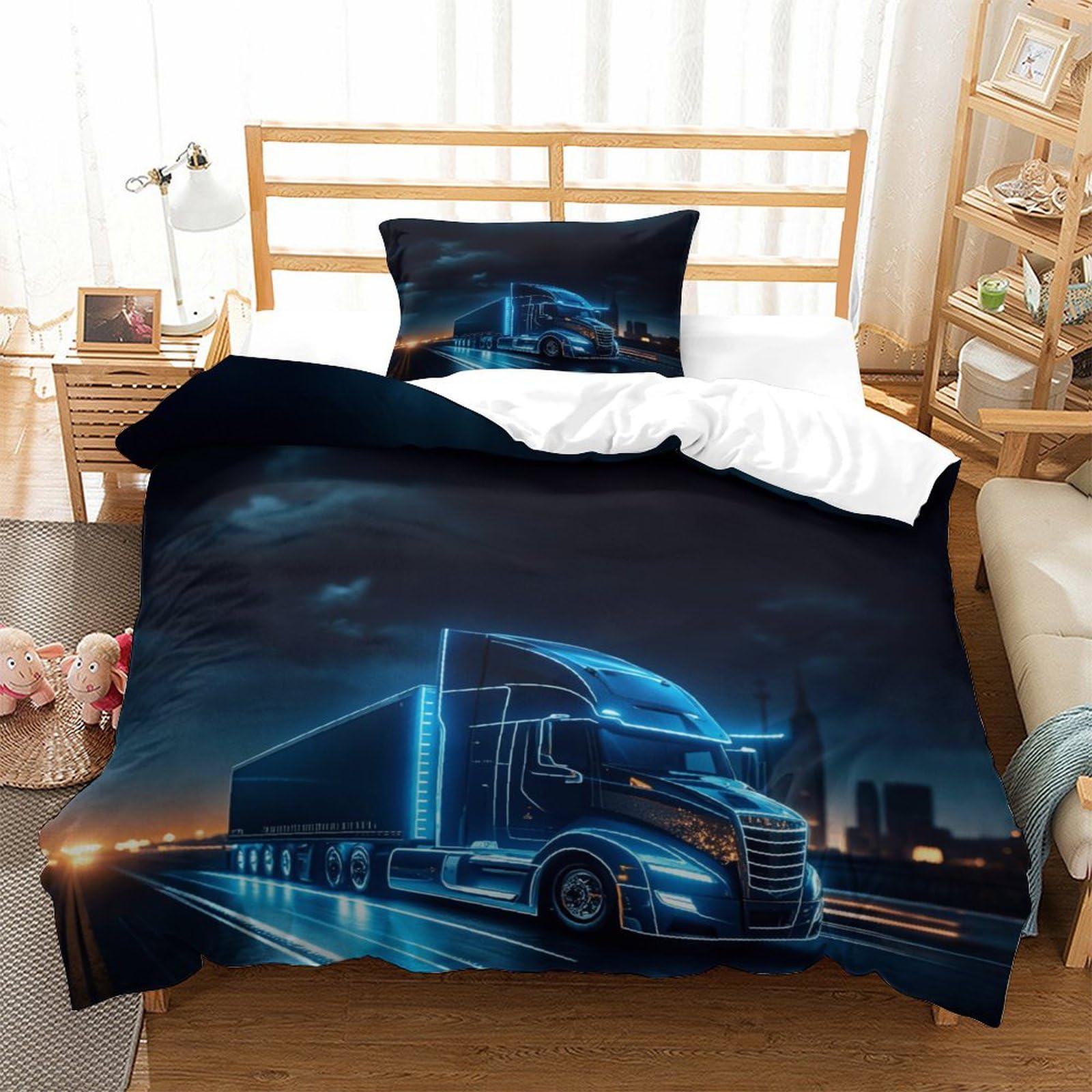 Housse De Couette Camion Lorry - Literie Lavable Double 200x200cm, Parure De Lit Camions Enfants Ados, Ensemble 3 Pièces