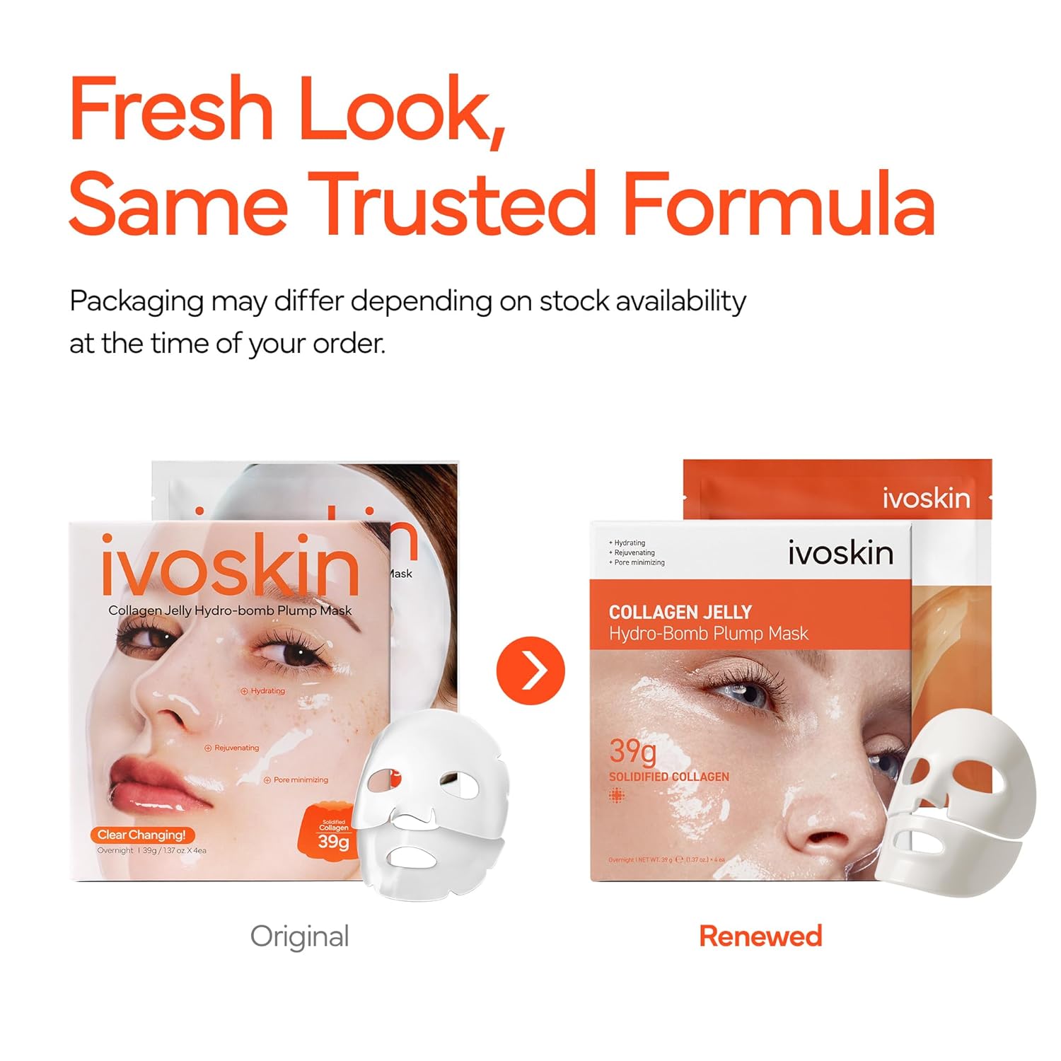 IVOSKIN Collagen Jelly Hydro-bomb Plump Mask, Hydrating 39g x 4ea Real Collagen Mask, Firming and Moisturizing for Glow Skin, Collagen Water over 670,000 ppm
