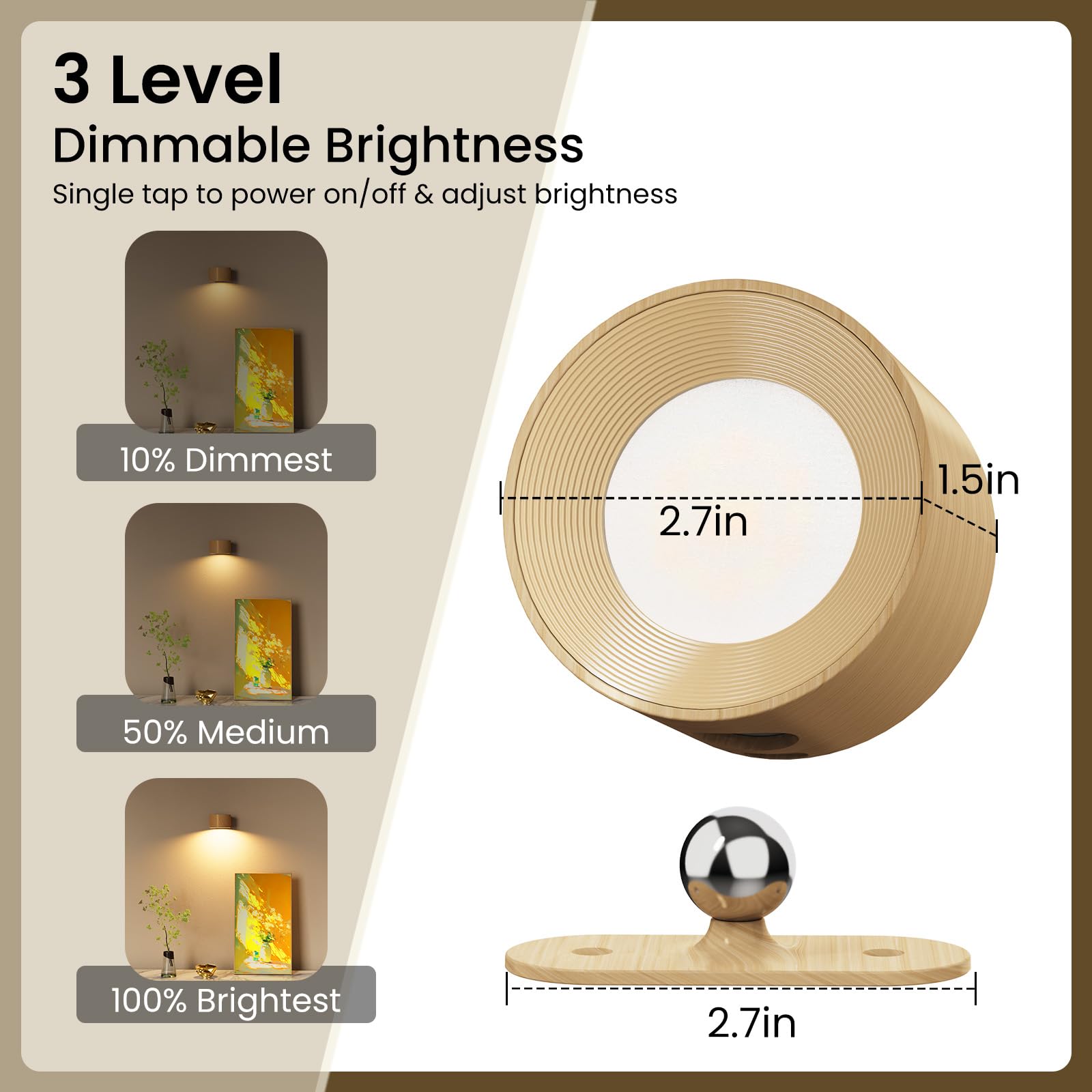 Koopala Apliques LED, lámparas de pared con puerto USB recargable que funciona con pilas, 3 temperaturas de color y 3 niveles de brillo, bola magnética giratoria de 360°, luces inalámbricas para leer