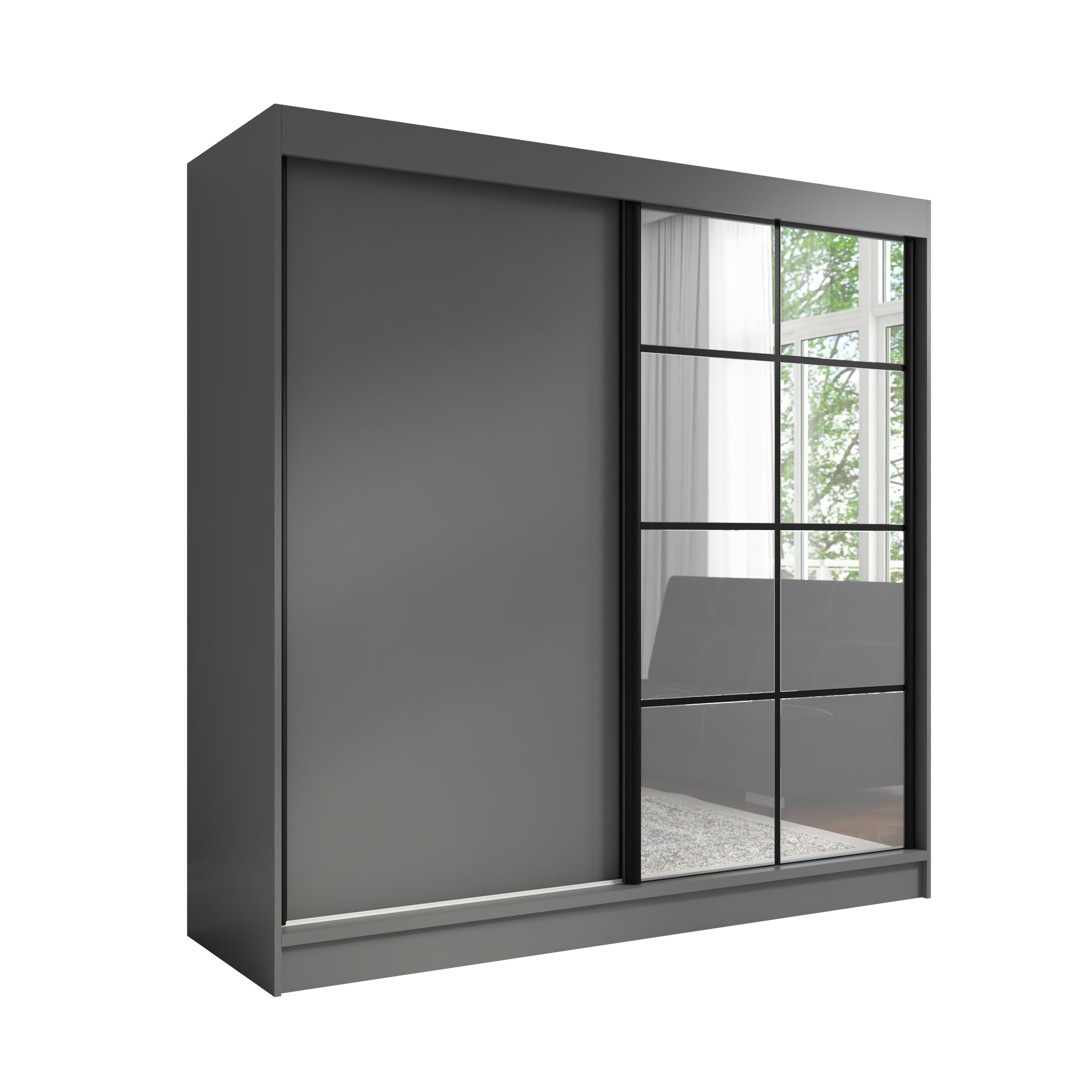 A&J MöbelLand Schwebetürenschrank TAVIRO Kleiderschrank 2-türig mit Schubladen und Spiegel, Garderobe 200 cm (Graphit)
