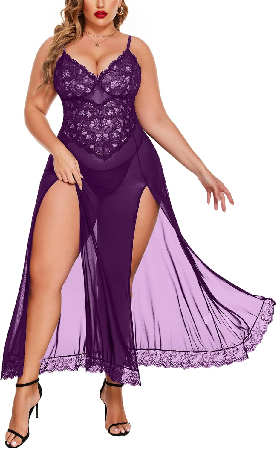 Avidlove Plus Size Lingerie for Women Sexy Lace Babydoll Long Lingerie Dress Side Split Nightgown