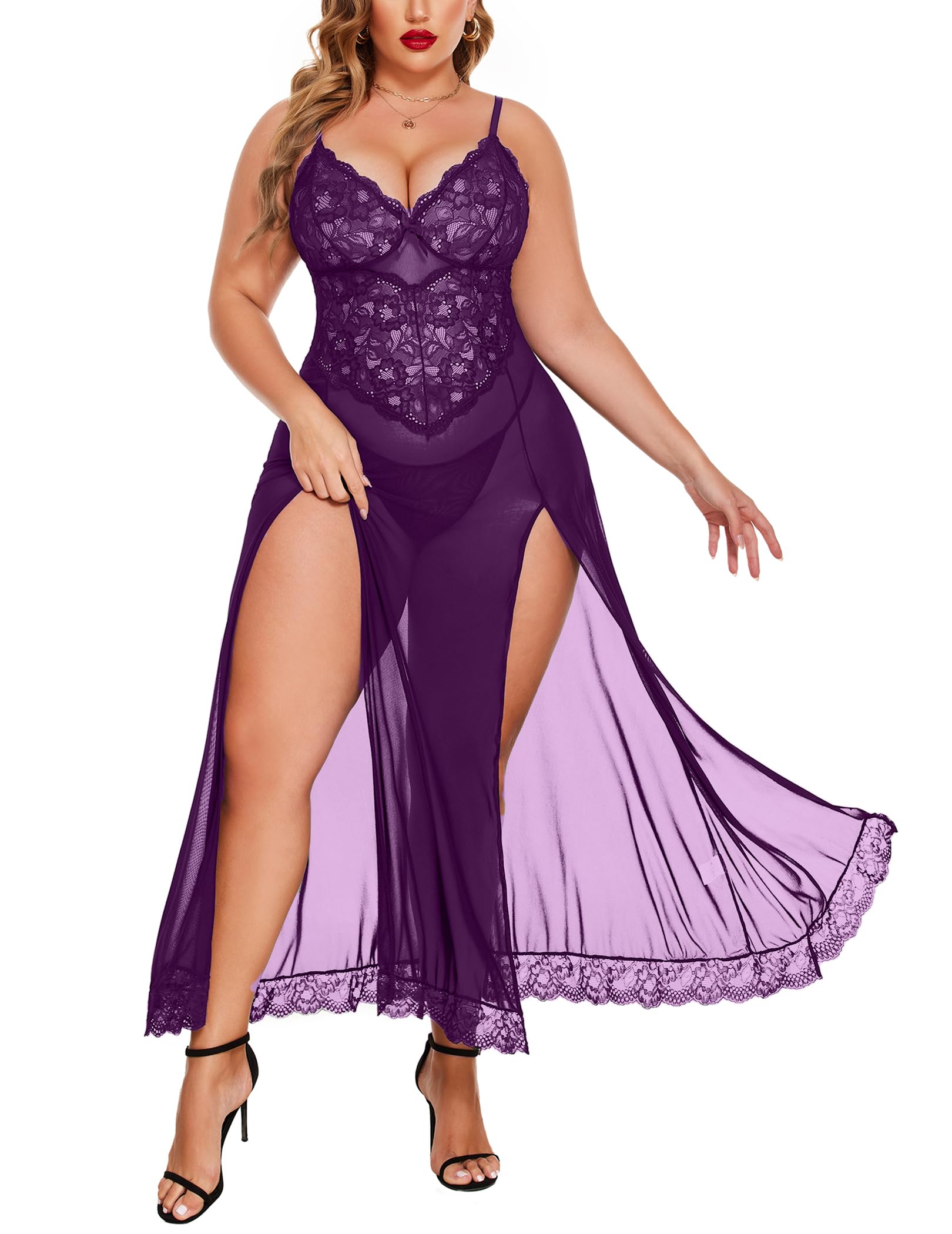Avidlove Plus Size Lingerie for Women Sexy Lace Babydoll Long Lingerie Dress Side Split Nightgown: Violet XX-Large