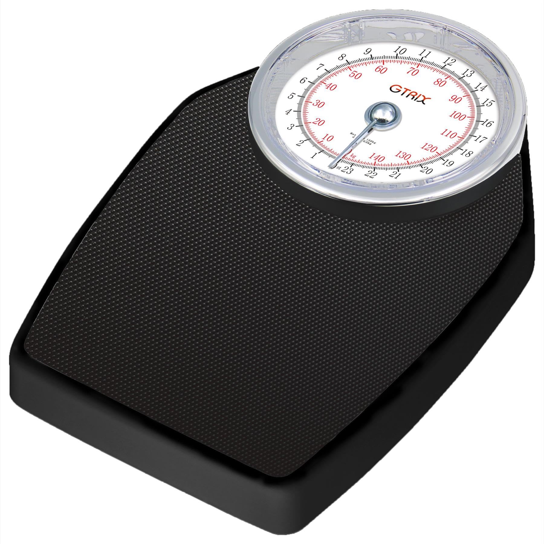 Bilancia pesapersone da bagno stile medico grande quadrante facile lettura fino a 150 kg 23 pietra 4,1 kg meccanica nera Gtrix accurata incrementi 500g antiscivolo analogico