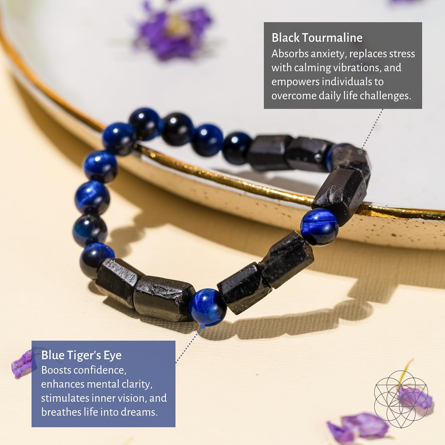 Conscious Items - Blue Tiger Eye & Black Tourmaline Bracelet - Stress Less Aura Protection - Tiger Eye & Black Tourmaline Men's & Women's Jewelry - Image 5